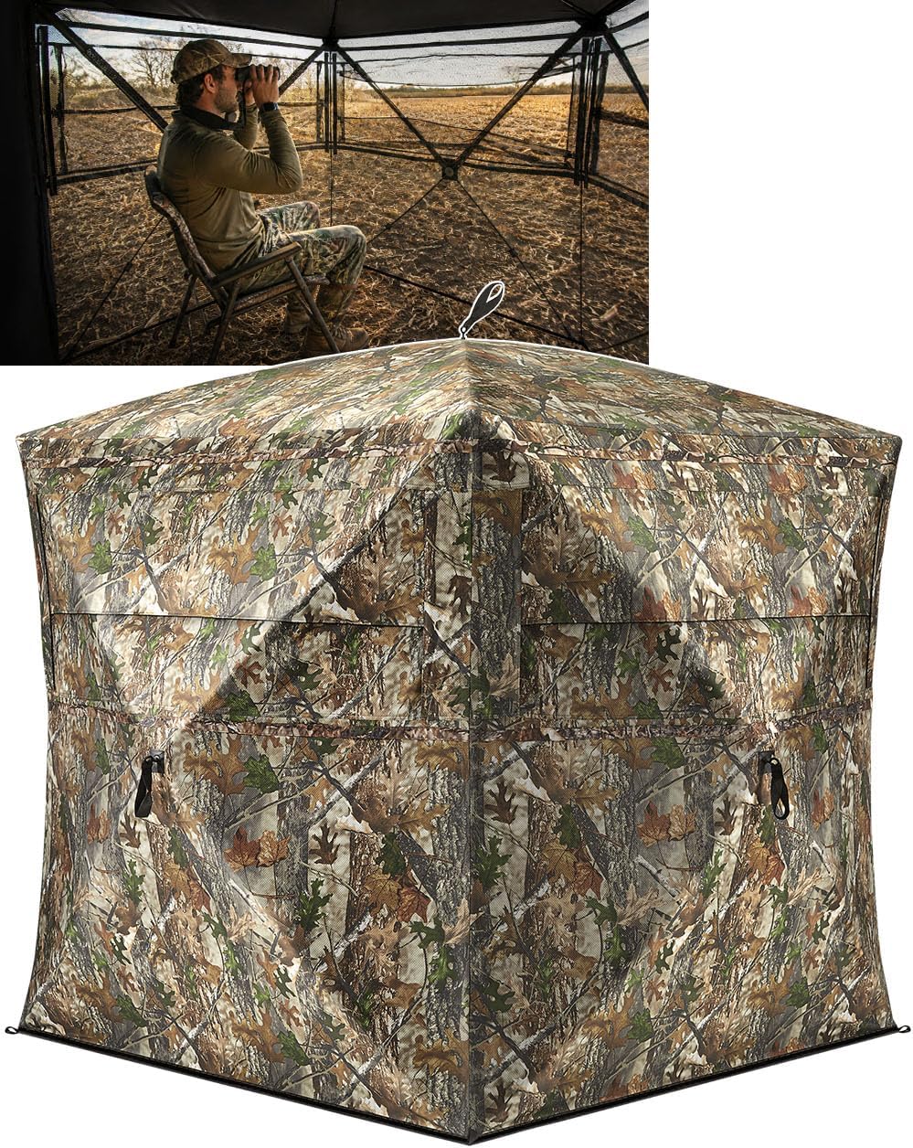 Hunting Blind 270°See Through with Carrying Bag, 1-2& 2-3& 3-4 Person Pop Up Ground Blinds, Portable Resilient Hunting Tent (Camouflage)