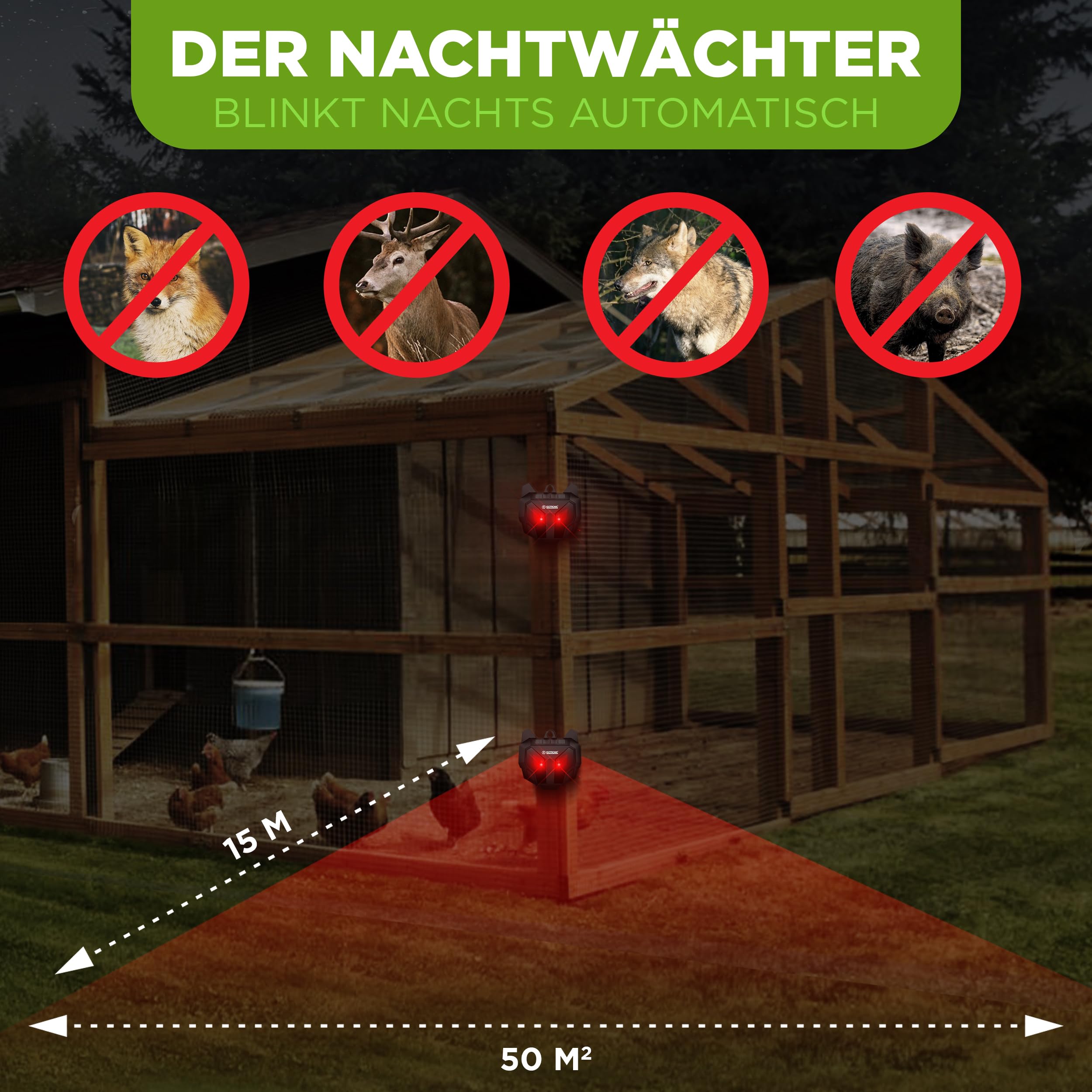 ISOTRONIC Solar Tiervertreiber zur Abwehr von Waschbären, Rehen, Füchsen & Wildschweinen – Wildtier Vertreiber mit rotem LED-Licht – effektive Tierabwehr mit 40m² Wirkungsbereich (8 Stück)