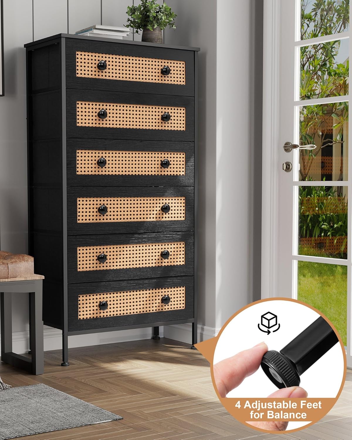 Crestlive Products Rattan Dresser Storage Tower, Tall Fabric Dresser, Chests of Drawers, Wood Top - Organizer Unit for Bedroom, Hallway, Entryway, Closets (Black, 6 Drawers)