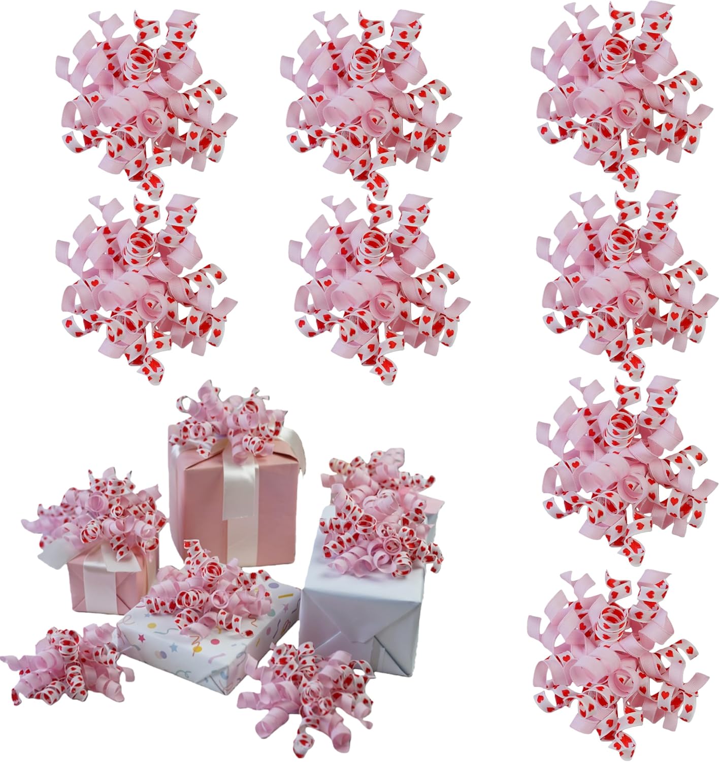 Lakkity Curly Bows,Curly Ribbon Gift Bows,Self Adhesive Burst Gift Bow for Presents,Bows for Valentine's Day,Birthday Gifts,Holiday Party,Gift Wrapping,8 Counts pink mix pink heart