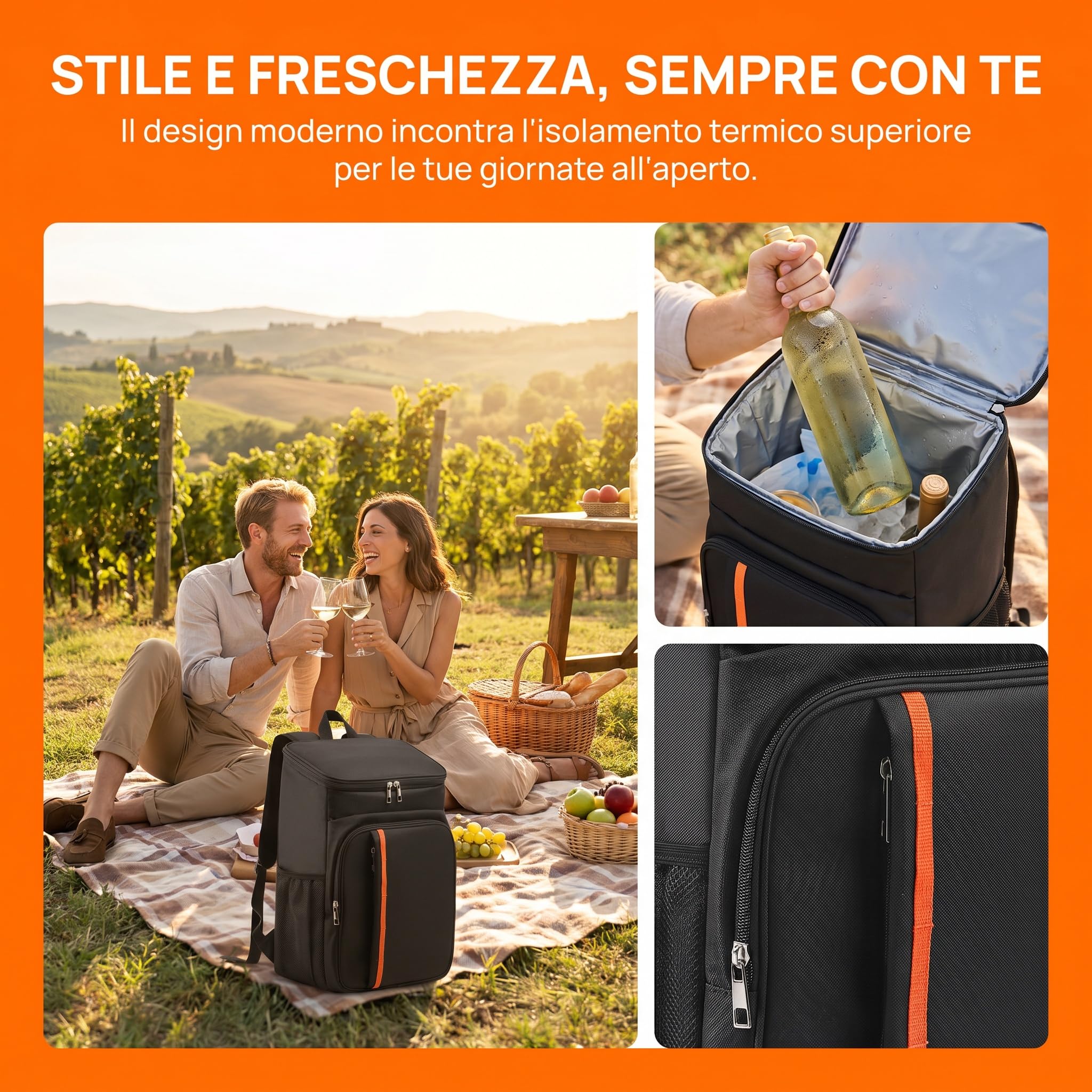 Zaino Termico a Prova di Perdite, Borsa Frigo Grande Oxford, Accessori per Picnic, Spiaggia, Campeggio, Nero