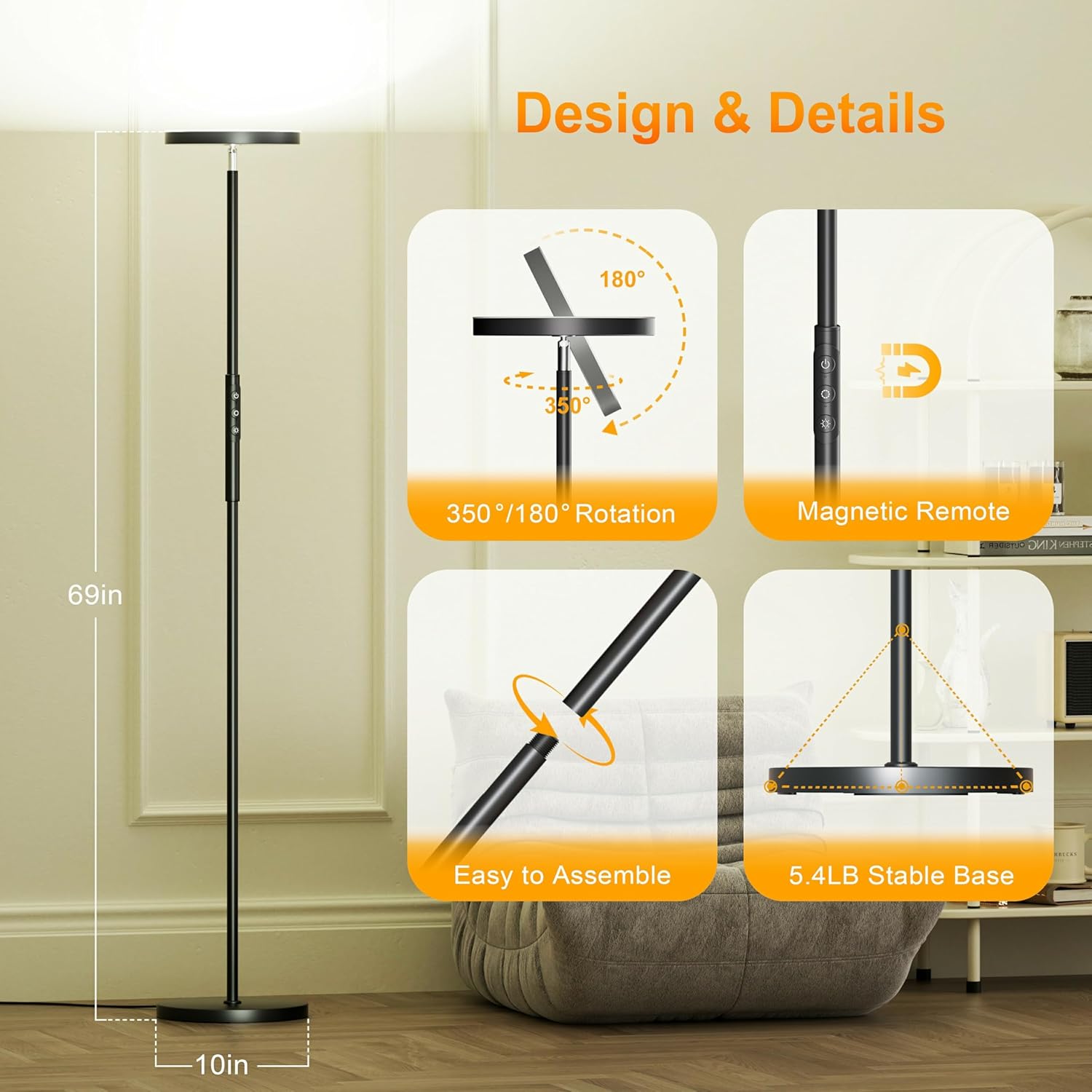 Yikuneng RGB Torchiere Floor Lamps for Living Room, 3600LM 36W Bright LED Standing Lamp with Remote, Modern Color Changing Tall Lamp with Stepless Dimming, 69" Corner Floor Lamp for Bedroom, Office