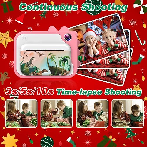 Miniatura 6 de USHINING Cámara de impresión para niños de 12 MP, rosa, pantalla de 2.4 pulgadas, tarjeta micro SD de 32 GB, impresión sin tinta, video de 1080P, 3