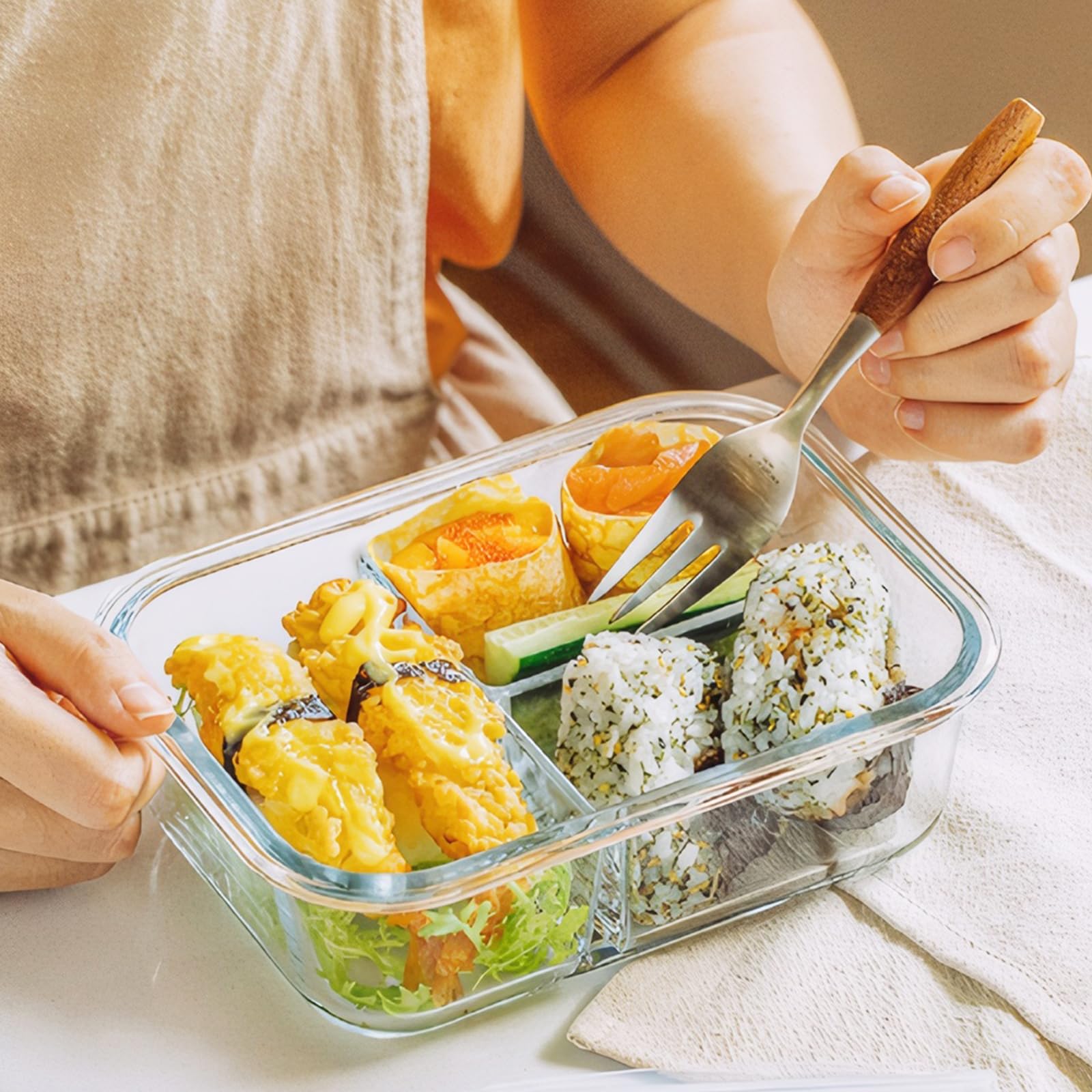 BAYZZ Confezione da 5 contenitori per alimenti in vetro da 992,2 g, 3 scomparti, contenitori per alimenti in vetro con coperchio, ermetici, contenitori per il pranzo, adatti per microonde,
