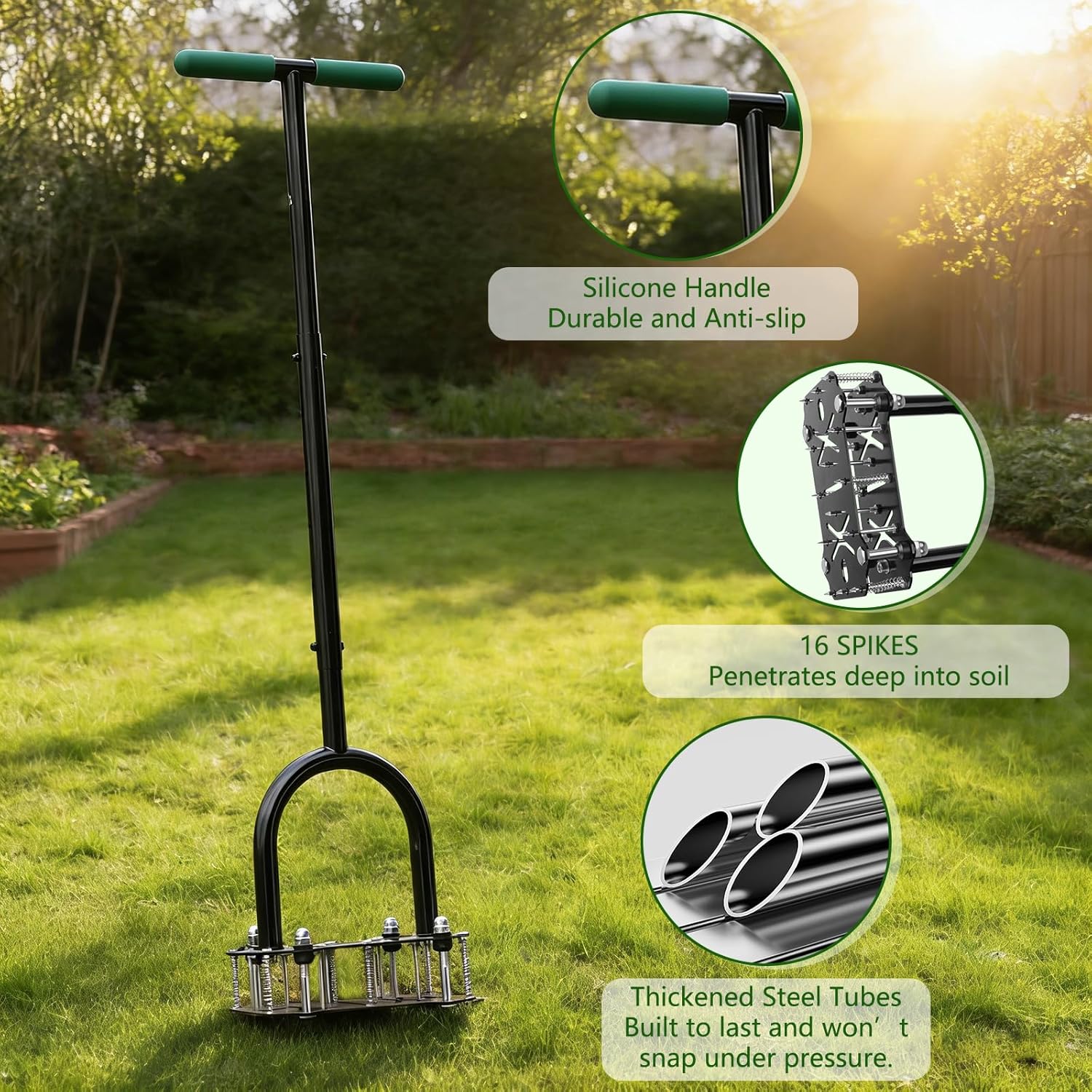 Adjustable Lawn Aerator Tool with Rebound Spring – 16 Sharp Metal Spikes Soil Aerator with Ergonomic T-Handle & Wide Foot Plate, Heavy Duty Yard Lawn Aerator for Garden Lawn Care
