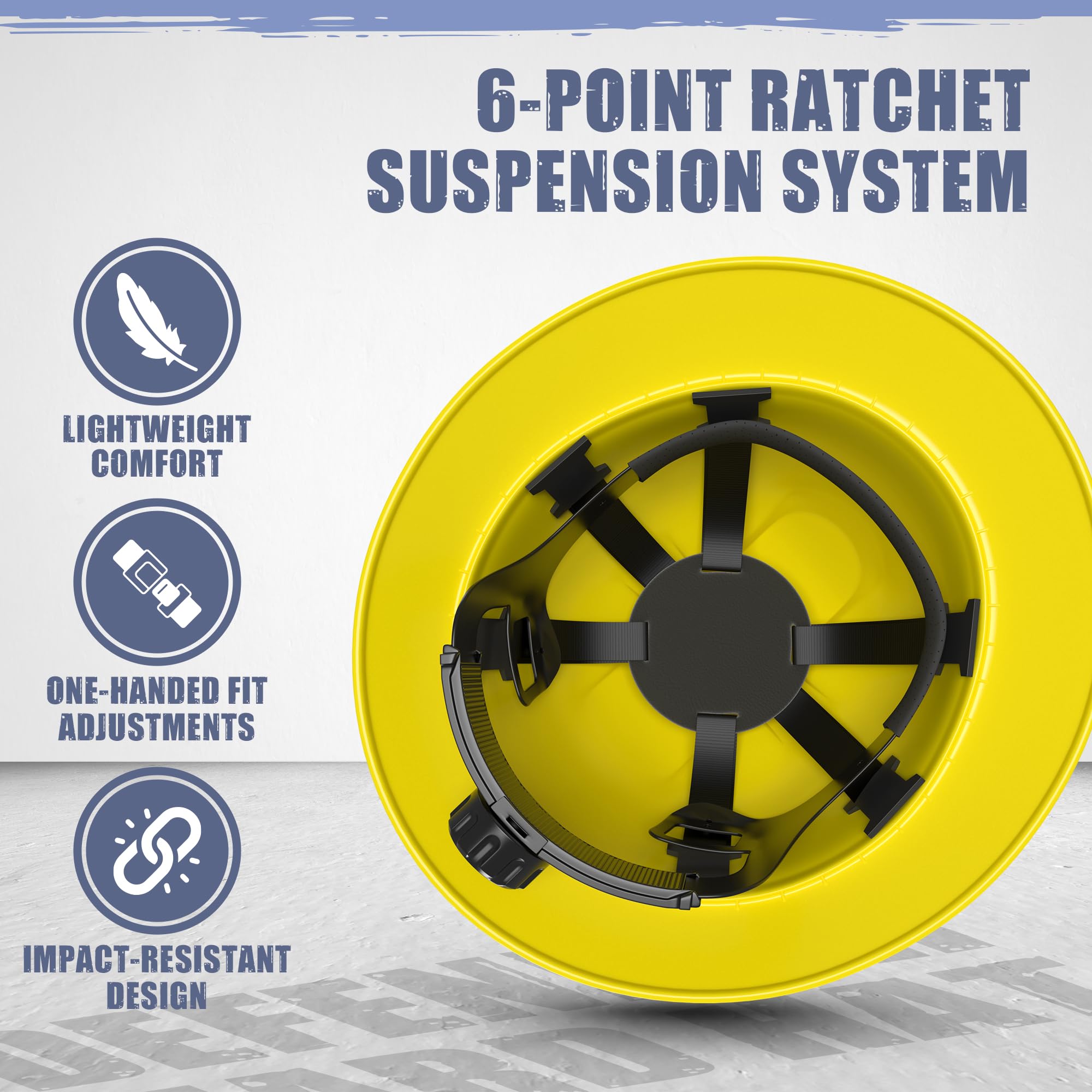 Rugged Blue Defender Full Brim Hard Hat | 6-Point Ratchet Suspension | Safety Helmet Hard Hat | Adjustable Size | ANSI Z89.1 Type 1, Class C, G, and E Certified | High Vis Yellow Hard Hats for Men