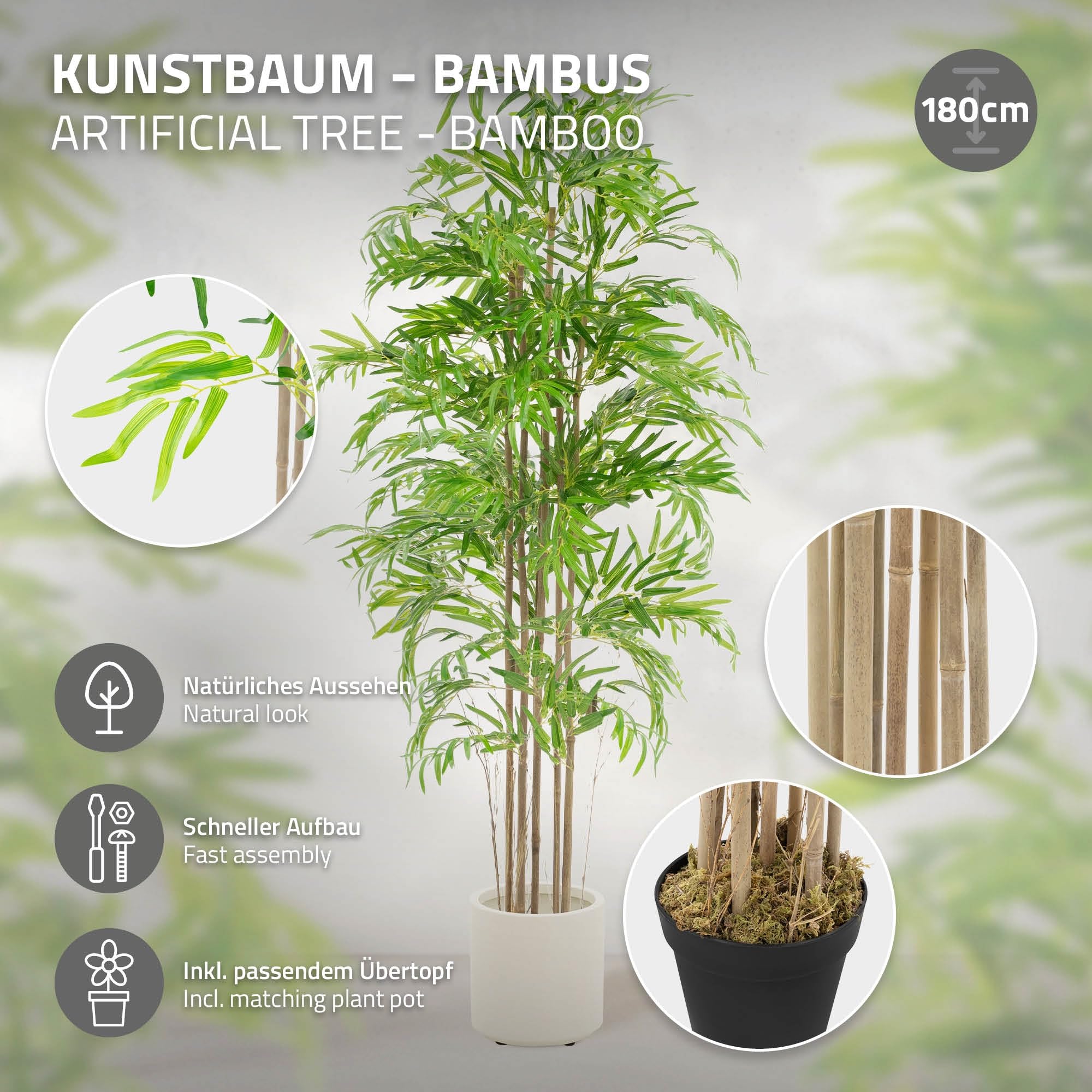 ML-Design sztuczny bambus 180 cm duza roslina dekoracyjna z naturalnym drewnianym pniem Plastikowa roslina w doniczce idealna do wnetrz i na zewnatrz wyglada jak prawdziwe drzewo do salonu czy biura