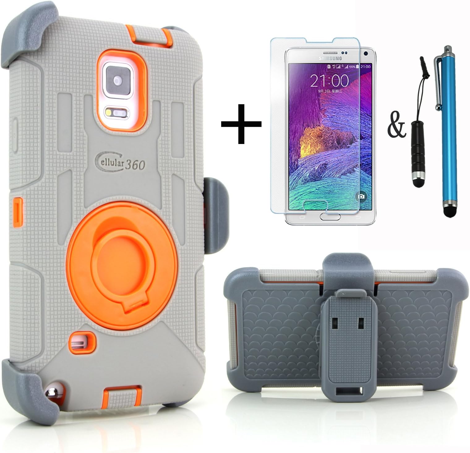 Cellular360 Ultra Shock&Drop-Proof Dust Proof Protective Case and Face-in and Out Holster for Samsung Galaxy Note 4 ( Released in 2014) - Extremely Protective Dual layer Case with 360 Degrees Swivel Ring Kickstand and Rugged Holster 1 Headphone Jack Mini Stylus , 1 Regular Sized Stylus and 1 Anti-Glare Fingerprints Free Screen Protector (Grey and Orange)