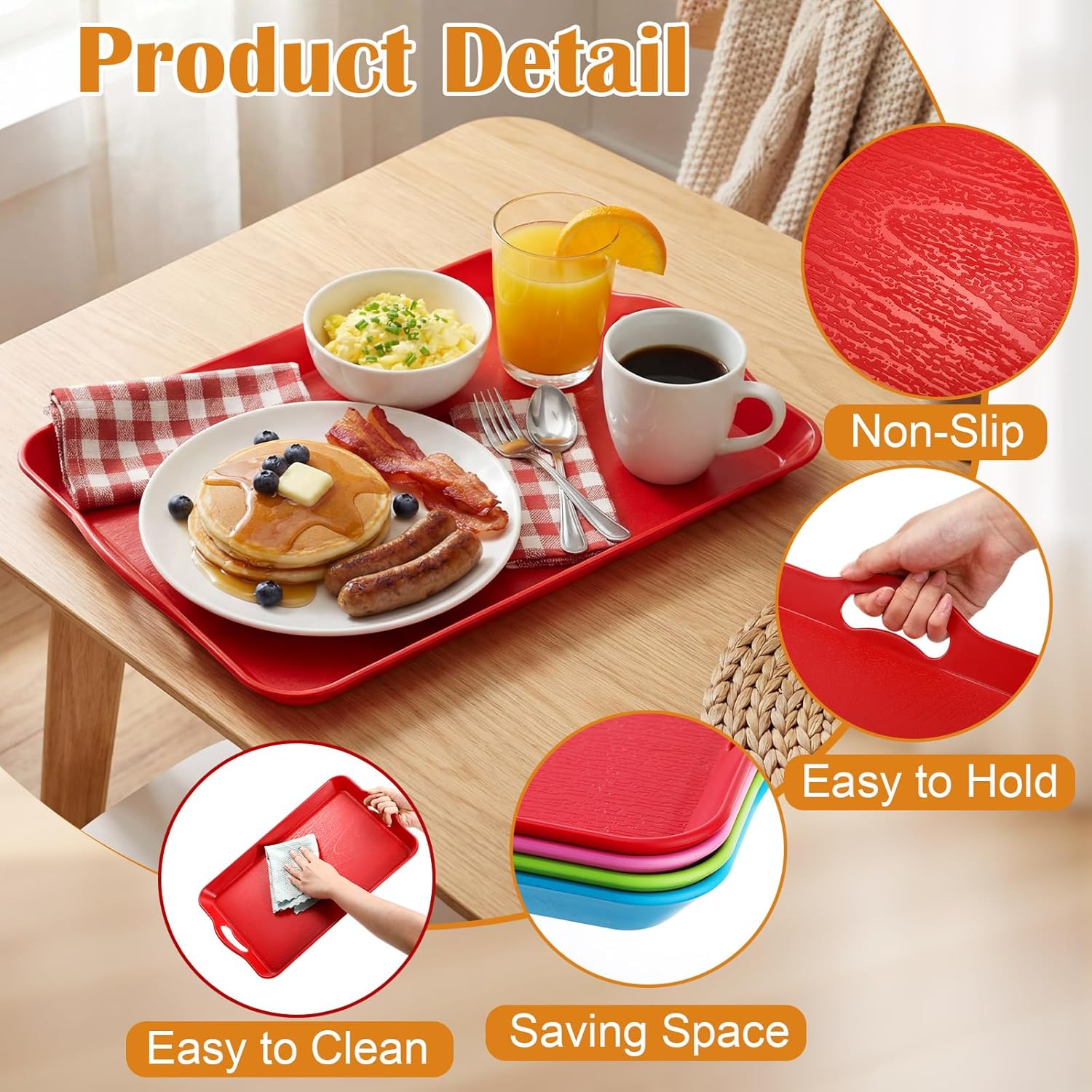 Thyle 4 Pcs Serving Trays with Handles - 16.4 x 11 Inch Large Rectangular Non-Slip Multi-Purpose Plastic Ottoman Tray Platters Decorative for Holiday Party Kitchen Dining Table (Bright Color) - Image 3