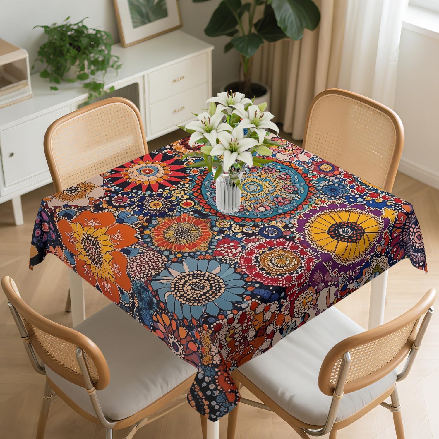 Square Tablecloth Washable Table Cover 54"x54" and 60"x60", Waterproof Square Table Cloth for Indoor and Outdoor, 60x60In, Colorful Mandala