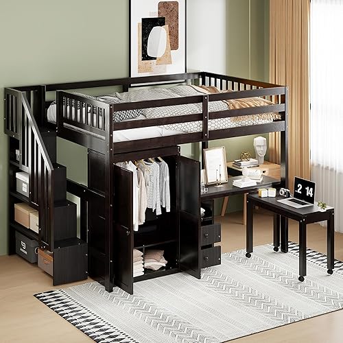 Merax Kids Full Multifunction Loft Bed with Desk/Wardrobe, Wood Storage Loft Bed with Staircase, Bookshelf & Drawers, No Box Spring Needed, Space Saving, Espresso