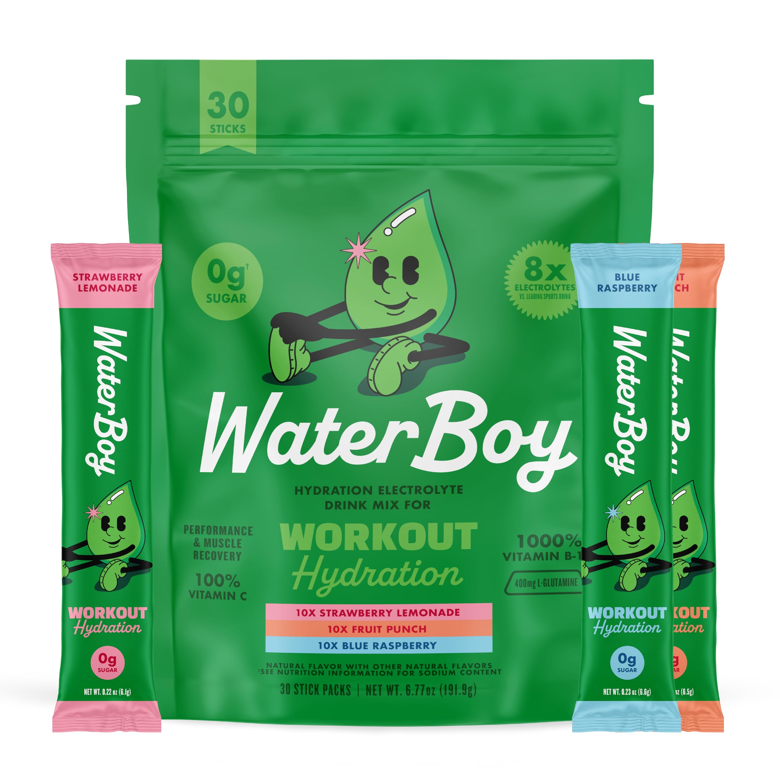 waterboy workout hydration  2960mg sugar free electrolyte powder packets  l-glutamine  vitamins  no sugar all natural gluten free variety