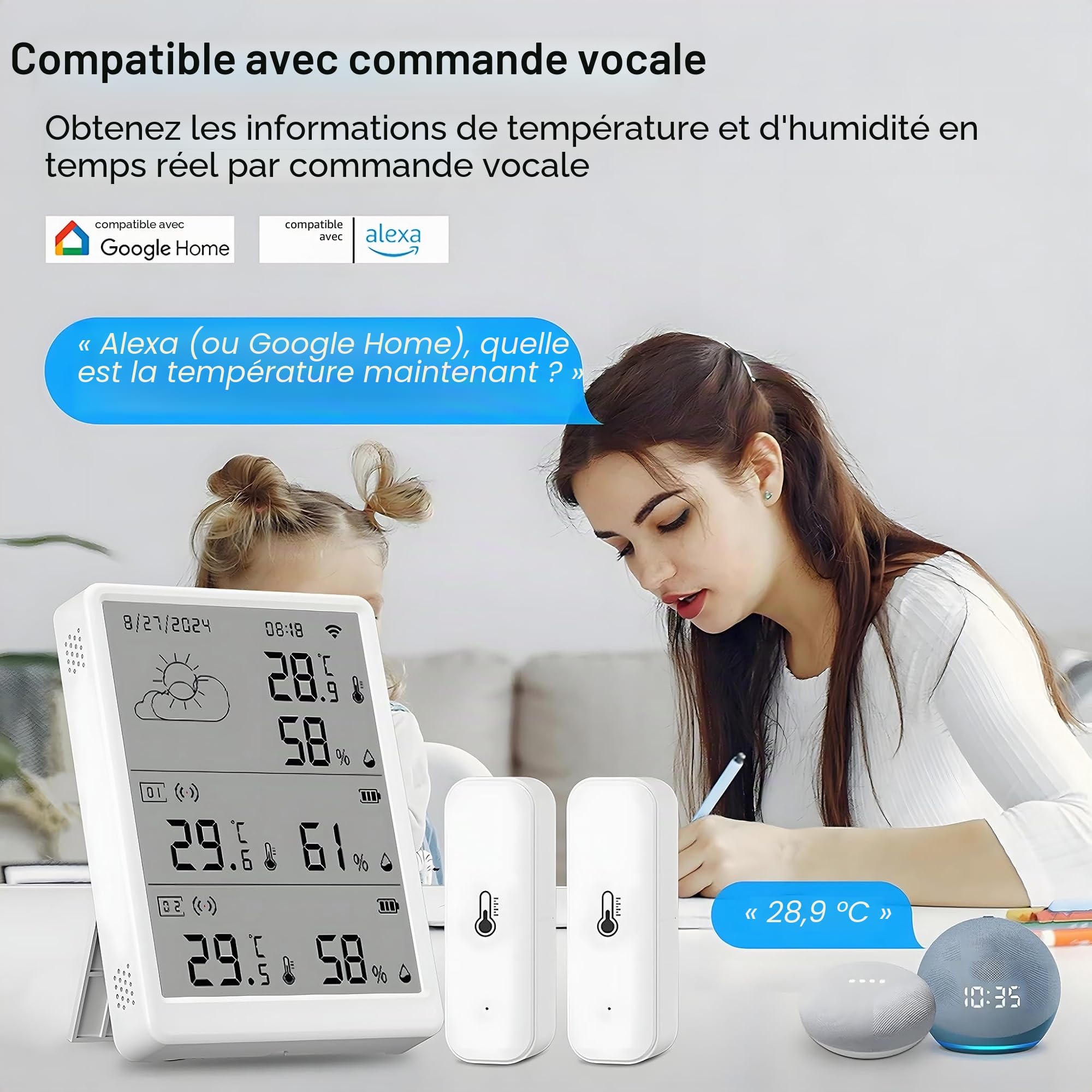Thermomètre hygromètre WiFi - Capteur de température et d'humidité par application - Portée de 100 m - Compatible avec Alexa (4 capteurs + station de base)