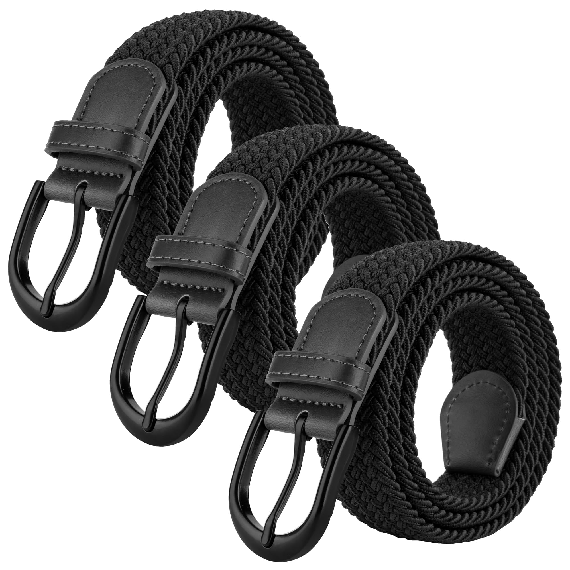 Mile High Life | Braided Stretch Elastic Belts | Pin Oval Solid Black Belt Buckle | PU Loop End Tip Men/Women/Junior Belt