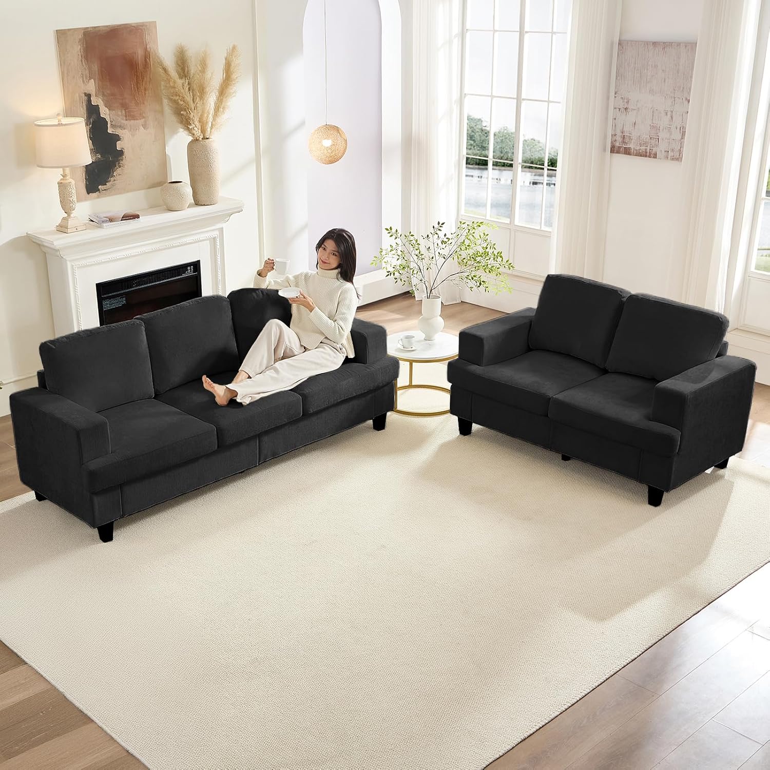 PUREMIND 2 Piece Living Room Sofa Set, Chenille Upholstery 3 Seater Couch and Loveseat Set, Solid Wood Frame, Modern Sectional Couches for Living Room, Office, Apartment