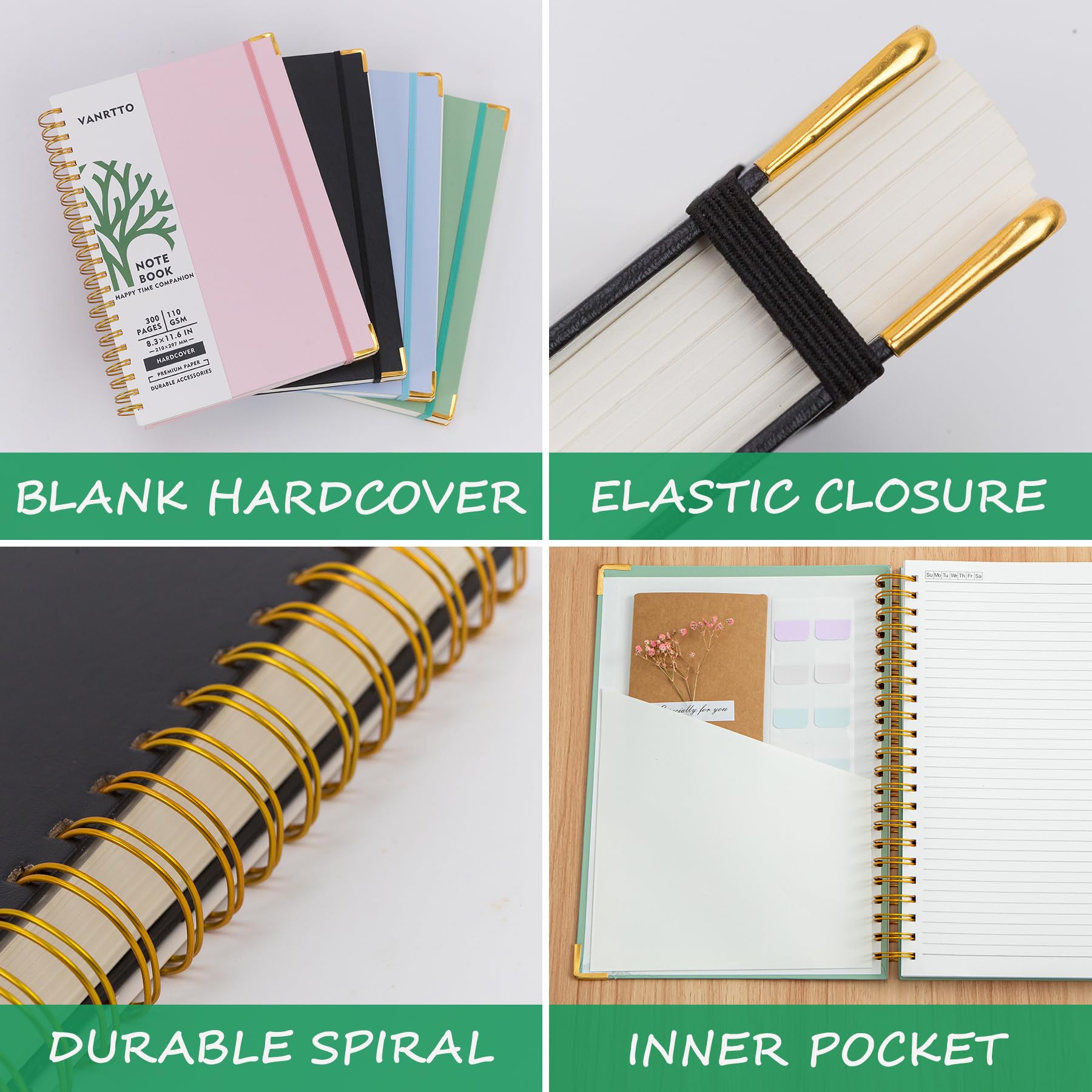 VANRTTO Carnet à spirale à couverture rigide, 21,6 x 27,9 cm, ligné pour université, 110 g/m², papier épais ligné pour le travail, l'école, 300 pages pour écrire, grand journal pour homme et femme,