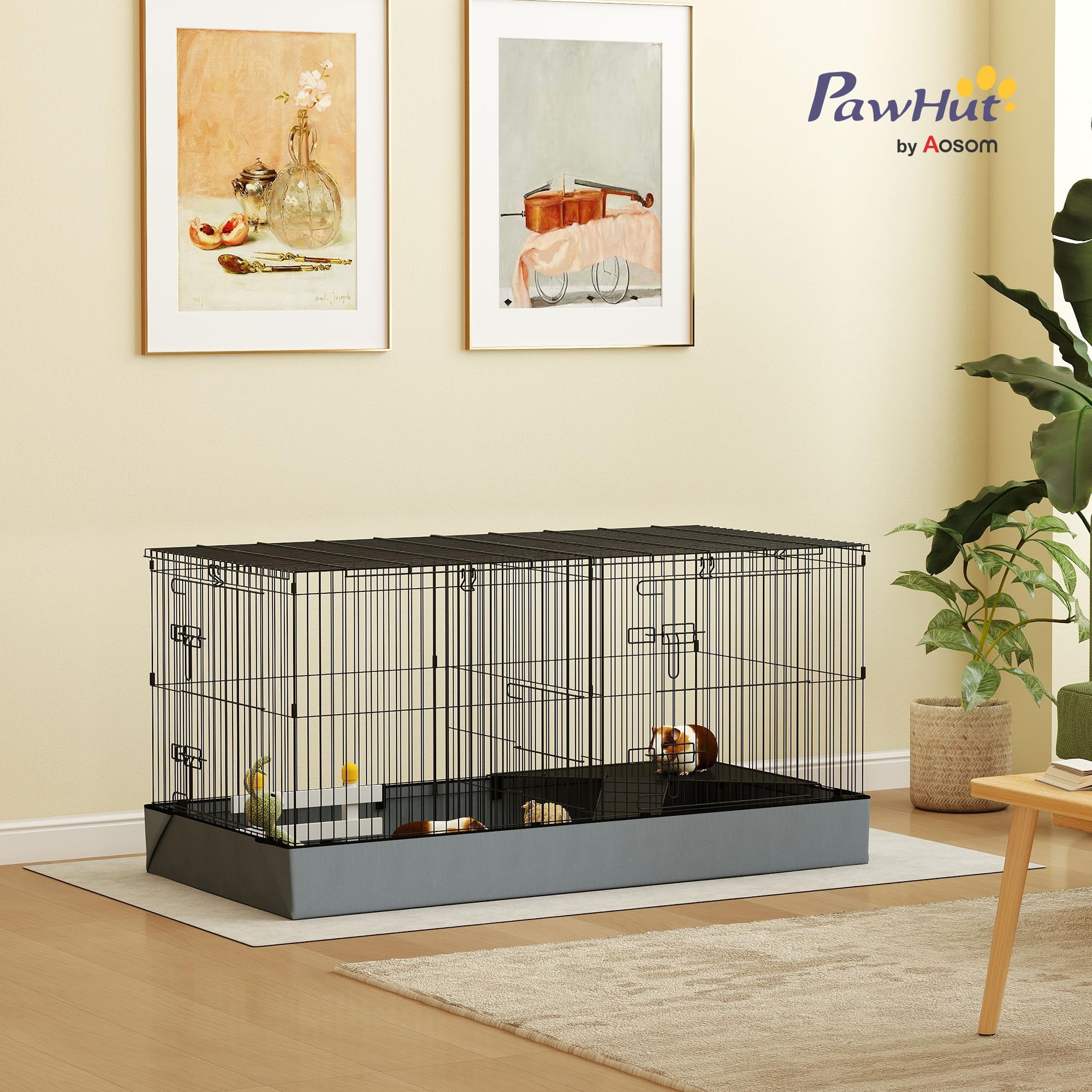 PawHut Jaula para Animales Pequeños 2 en 1 con Tapa Extraíble Parque para Mascotas Recinto para Conejos, Cobayas y Erizos 121x61x61 cm Negro