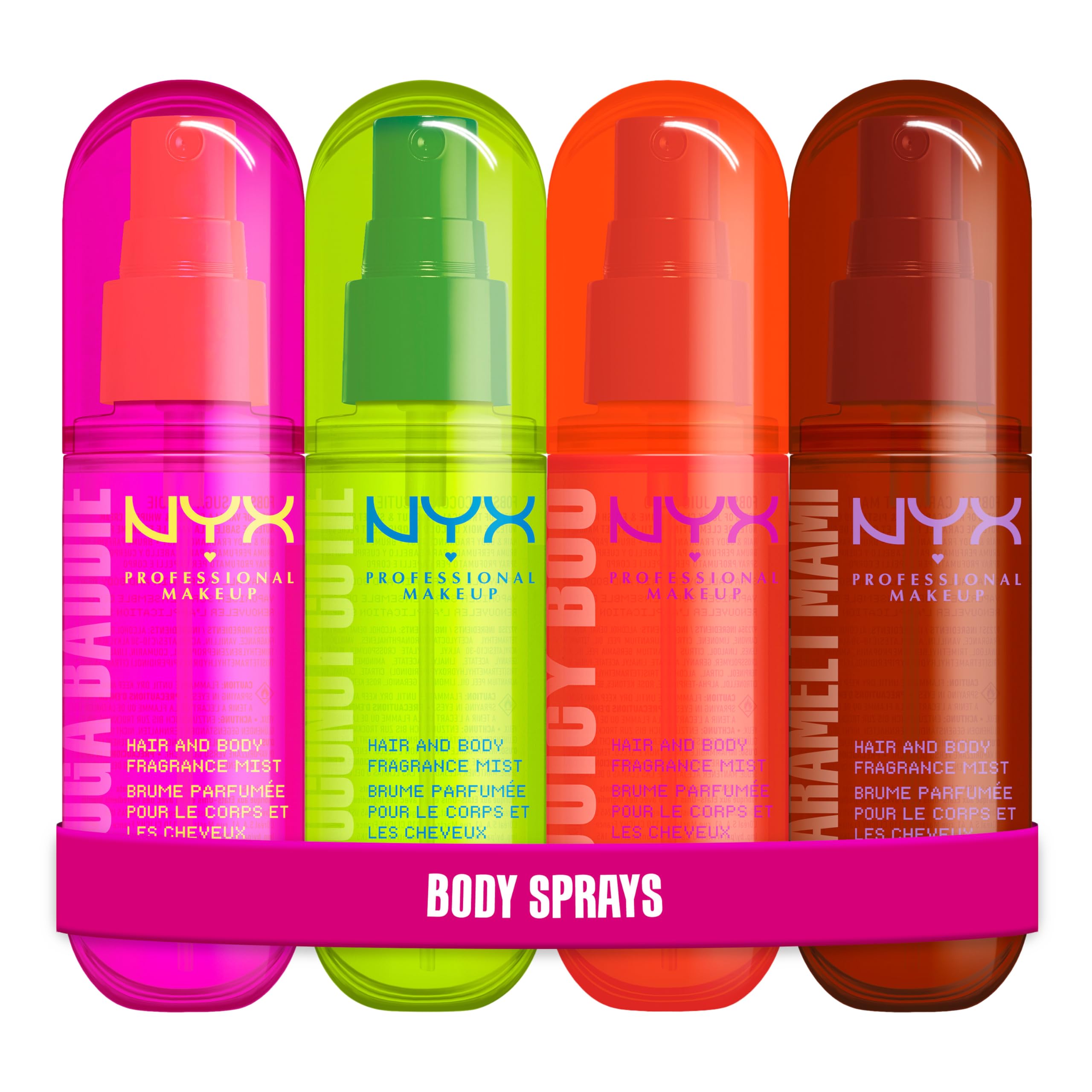 NYX Professional Makeup Set: Fat Oil Hair & Body Fragrance Mist Suga Baddie + Coconut Cutie + Juicy Boo + Caramelt Mami, lang anhaltende Düfte, ideal fürs Layering, vegan