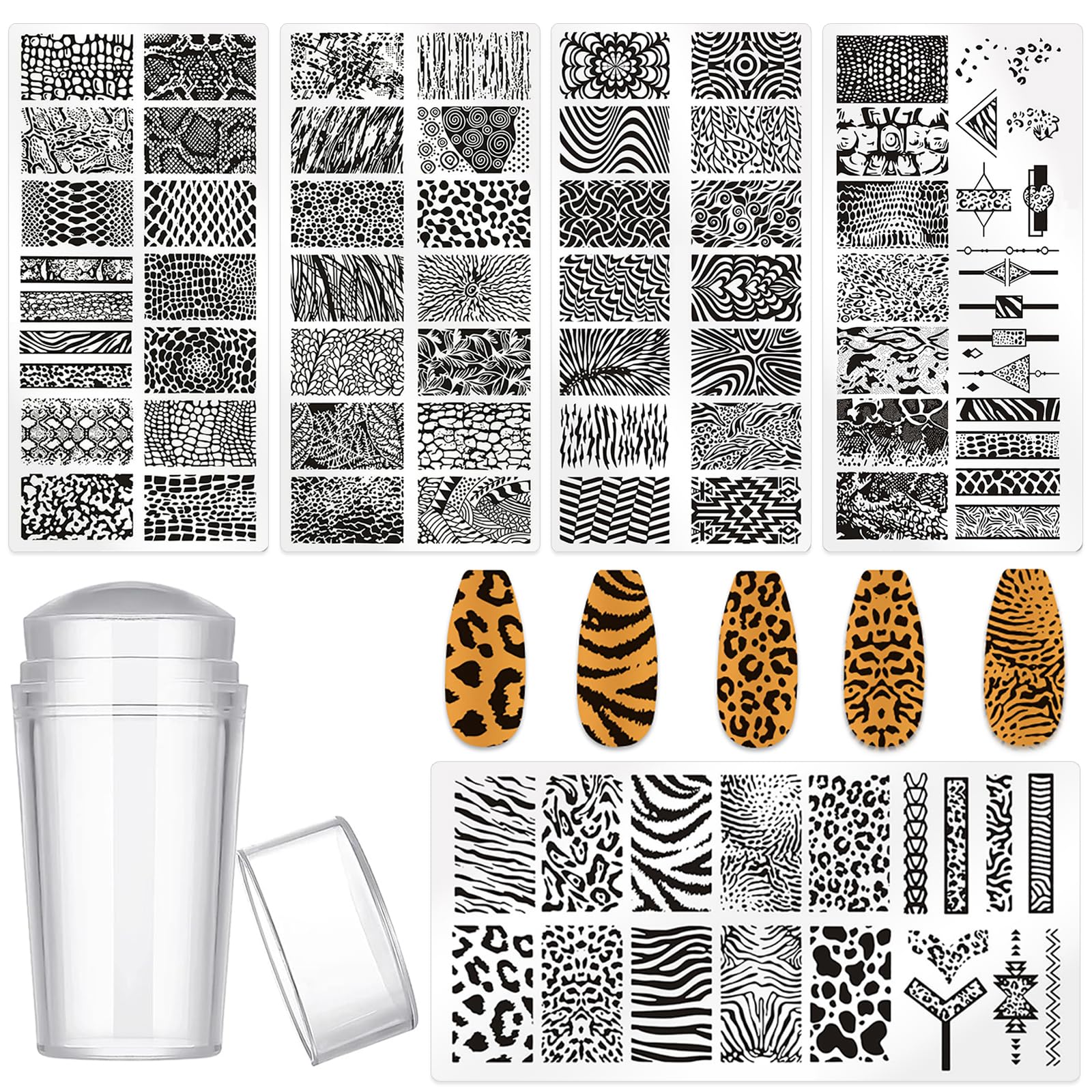 5pcs Nail Stamp with Nail Stamper and Scraper, Leopard Print Nail Stamping Plates Nail Art Stamp French Tip Stamp Tool Nail Stencils Template for DIY Nail Art Accessories