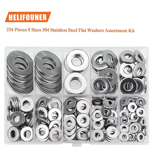 Miniatura 4 de HELIFOUNER 254 arandelas planas de acero inoxidable de 8 tamaños, arandelas de acero inoxidable 304, arandelas de guardabarros, kit surtido de