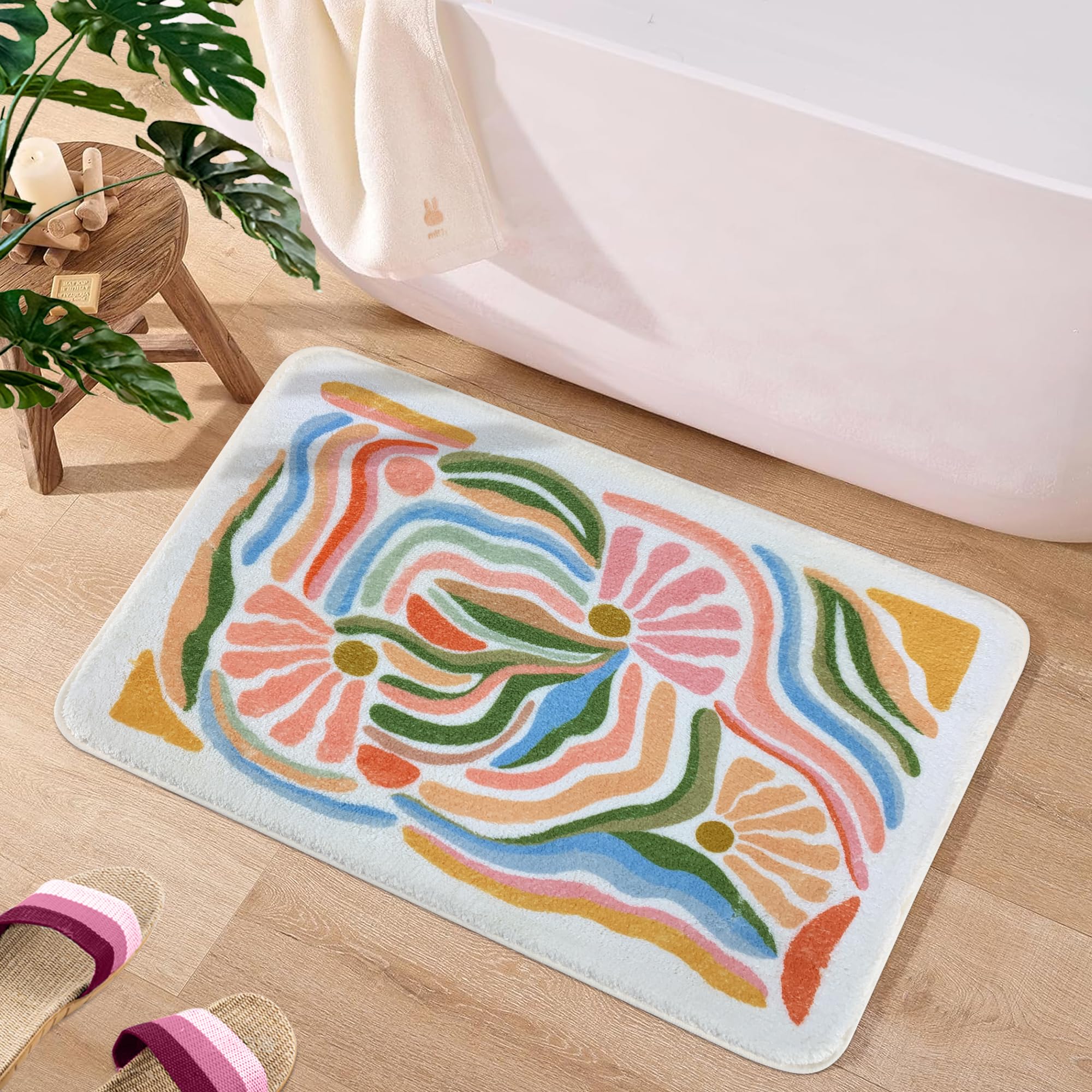 SHIYUE Cute Boho Abstract Art Bath Mat for Bathroom Rugs, Ultra Soft and Fluffy Microfiber Water Absorption Non Slip Mat for Bedroom Bathroom(18"×26"