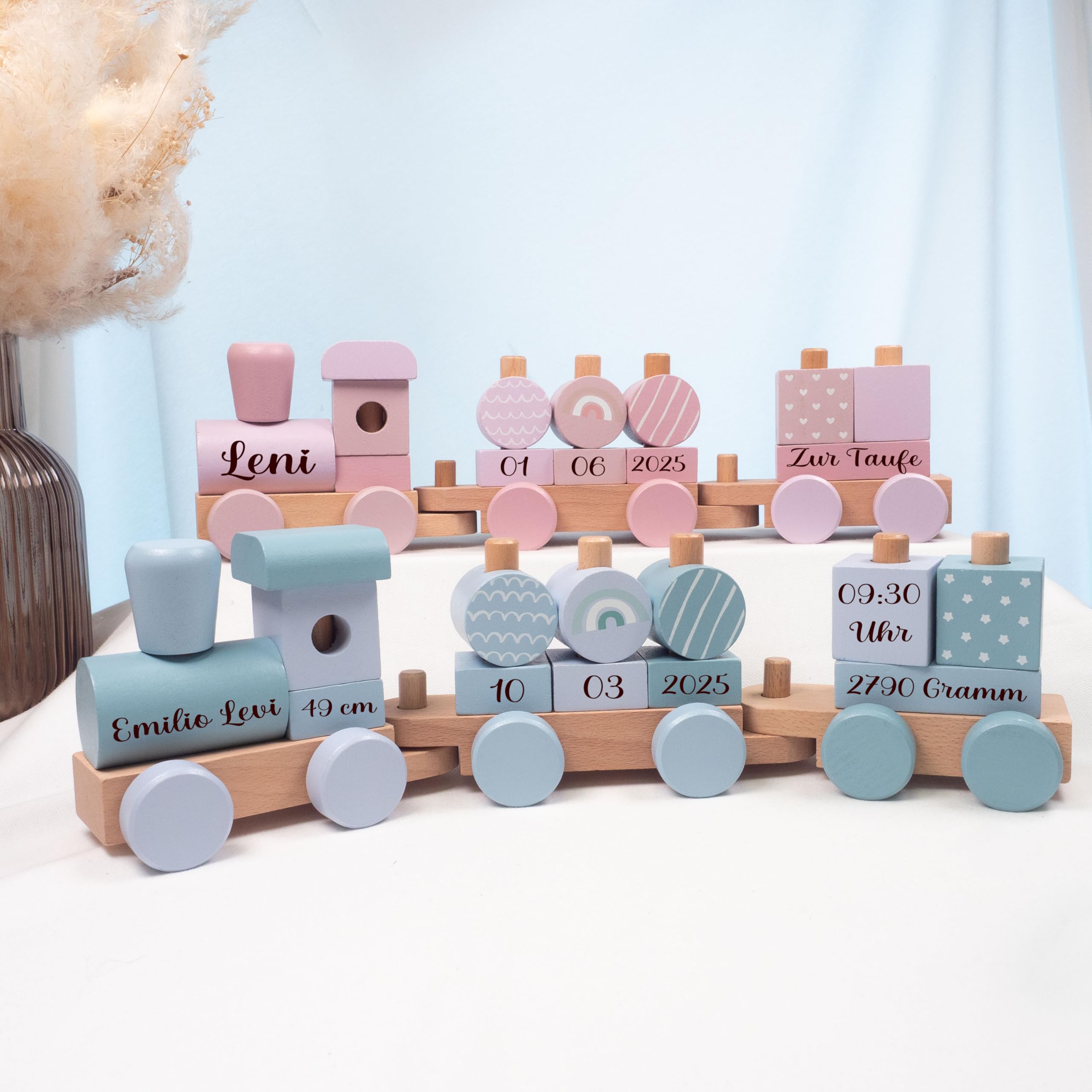 personalisierte Geschenke Baby Holz Eisenbahn REGENBOGEN als Babygeschenk zur Geburt Junge + Mädchen Holz Zug mit Name und Datum personalisierbar mit Gravur