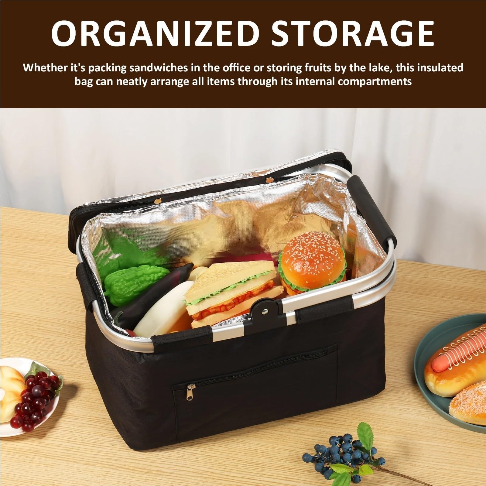 Cesta de Picnic portátil, Plegable, Aislante, con asa Acolchada y Tapa, Impermeable, for Viajes(Grey-1Pc)