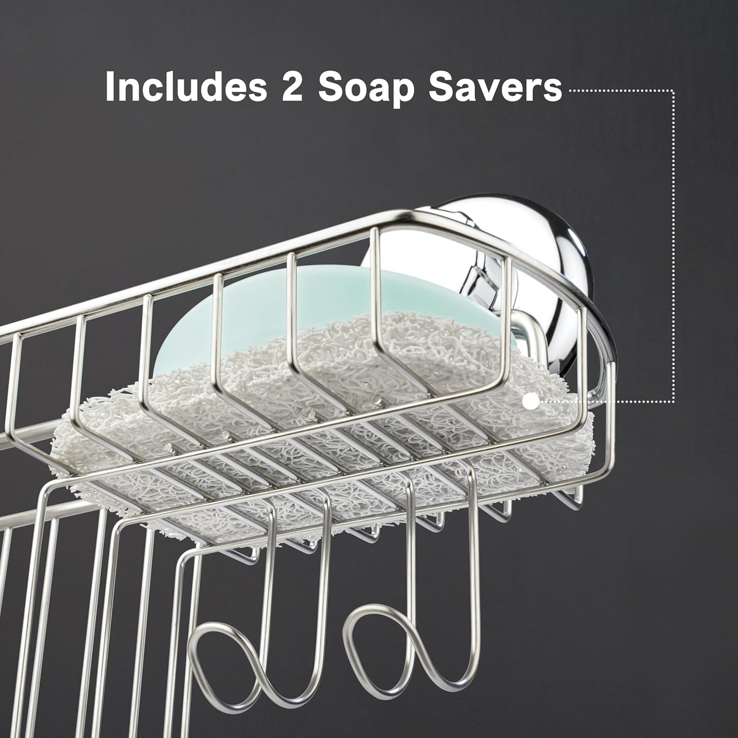 HASKO Suction Cup Shower Caddy Basket for Shampoo, Shower Suction Shelf Organizer, Basket with Soap Holder and Hooks, Stainless Steel Shampoo Holder for Bathroom Storage (Chrome)