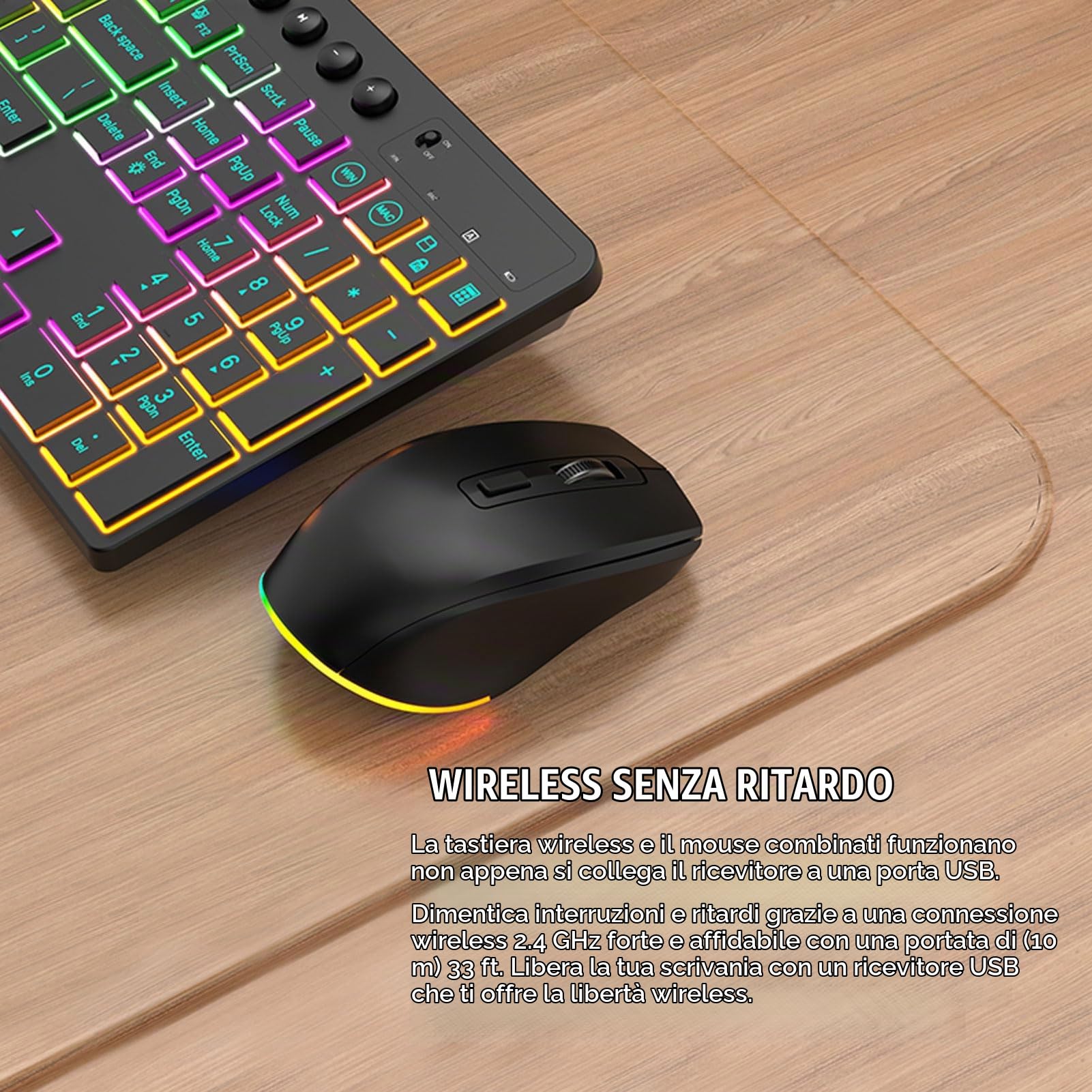 Tosuny Tastiera Wireless e Combo del Mouse, 2,4 G di Tasti Retroilluminati RGB 115 con Tampone Numerica, con Supporto per Tablet di Telefono, Ricaricabile, 6 Tasti 3 - Mouse DPI per PC