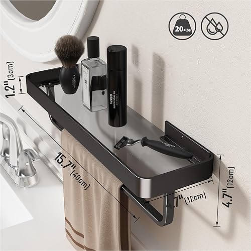Miniatura 3 de Danpoo Estante de pared de baño, estante flotante negro para organizador de almacenamiento de pared de baño, estante de baño de vidrio con toallero,
