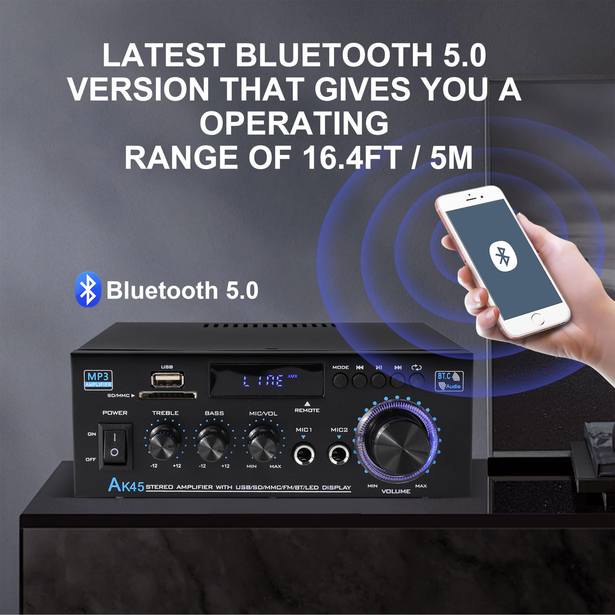 Amplificatore Bluetooth 800W, RMS 40W×2 Amplificatore HiFi, Ricevitore Amplificatore Stereo Amp per Home Theater, Altoparlante Auto W/Mic USB FM Radio Stereo (AK45)