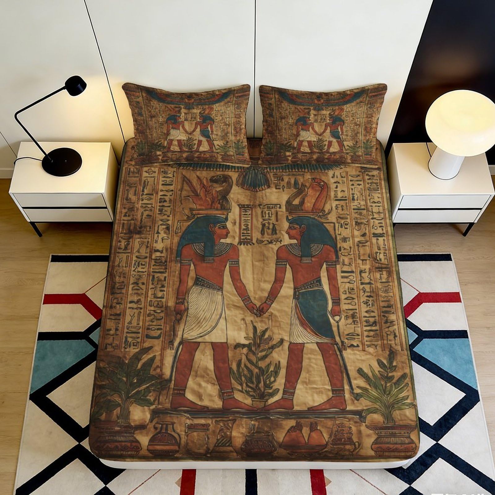 Jqzkxnhpbr Style-2 3D Printed Egyptian Pharaoh Fitted Sheet Microfiber Soft Brown Ancient Hieroglyph Bed Cover For Bedroom Dorm Mattress Protection Decor 90X200x25cm