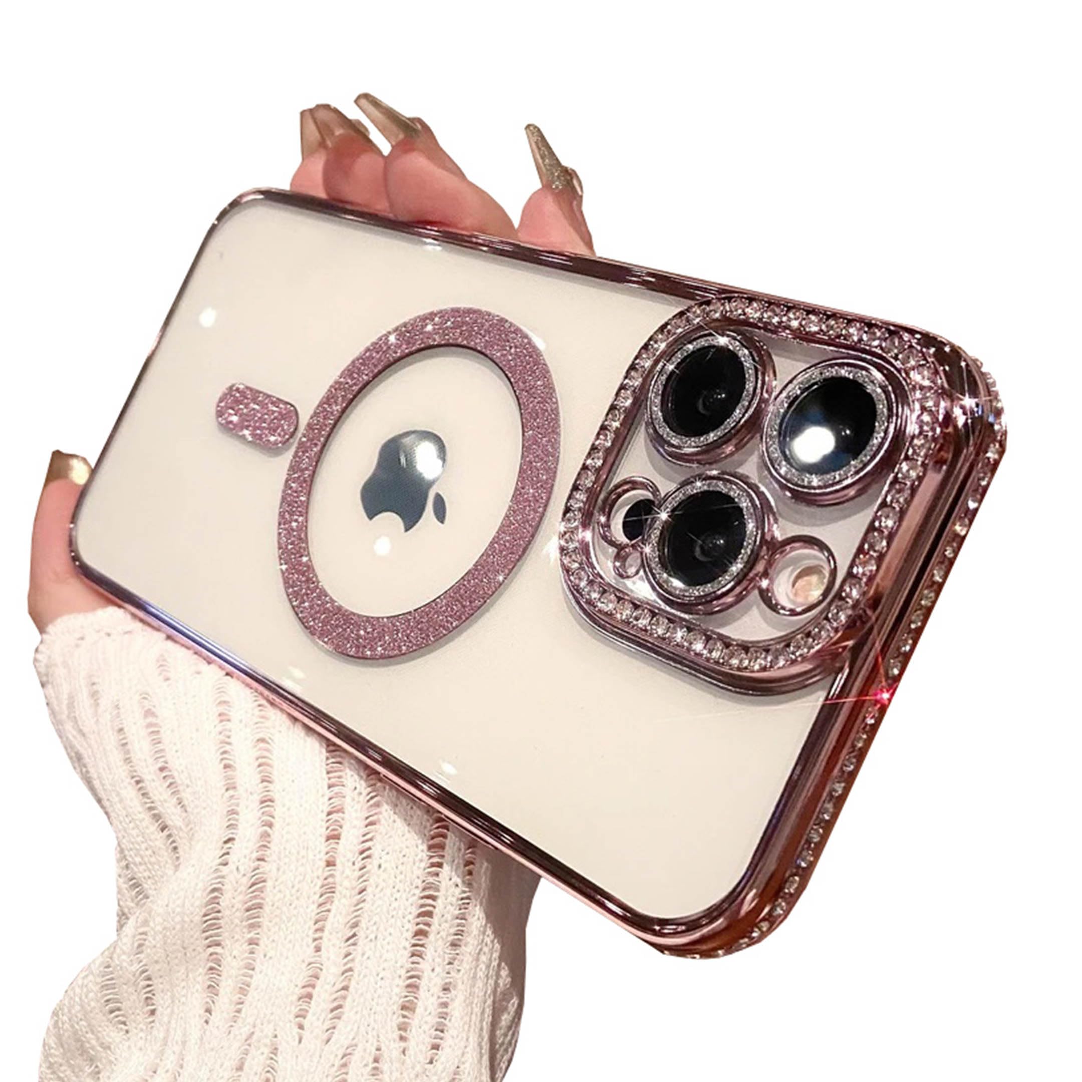TETAW Cute for iPhone 14 Pro Max Magnetic Glitter Case,Luxury Bling Rhinestone Diamond Plated Bumper Case,Compatible with MagSafe, Sparkle Camera Lens