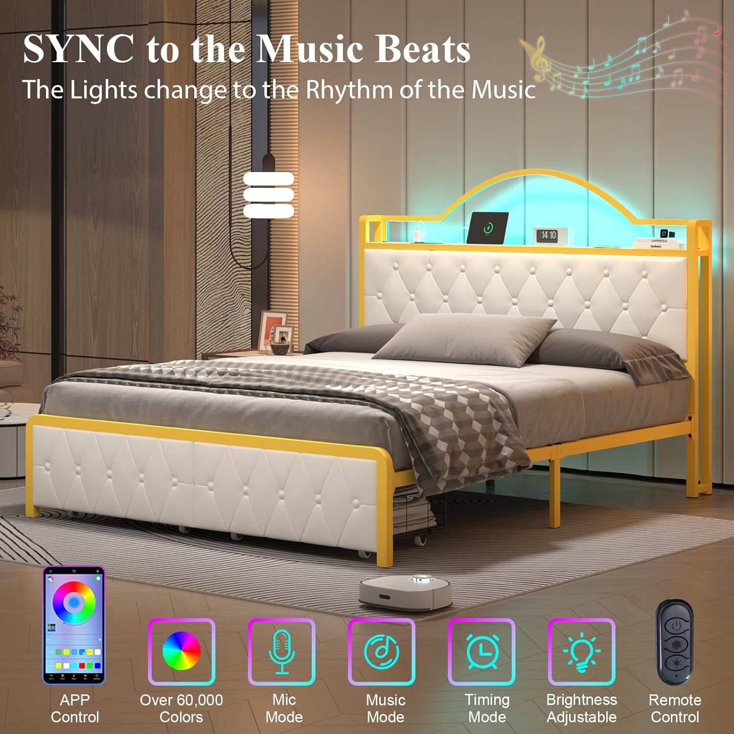 Full Size White Bed Frame with 2 Storage Drawers, LED Lights, and Charging Station Upholstered Platform with Crystal Button-Tufted Headboard & Footboard No Box Spring Needed