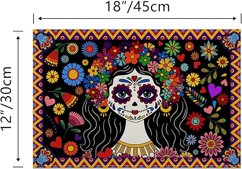 Miniatura 2 de Juego de 4 manteles individuales de lino del Día de los Muertos Dia De Los Muertos, manteles individuales de altar mexicano de muertos, decoración y