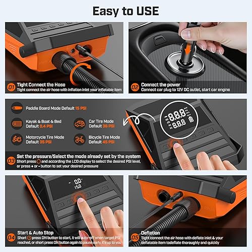 Miniatura 5 de Bomba de tabla de remo de 50 PSI eléctrica portátil, bomba de SUP para neumático de coche de paddleboard con función de apagado automático y