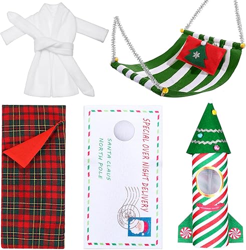 Aoriher Juego de 6 accesorios de muñeca elfo de Navidad con sobre de Navidad de elfo, ropa de cohete, saco de dormir, albornoz, hamaca de elfo de