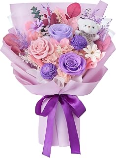 Polylove Mother Day Gift Preserved Flowers for Delivery Prime Forever Flowers Bouquet with Bear Flower Gift for Wife Women Birthday