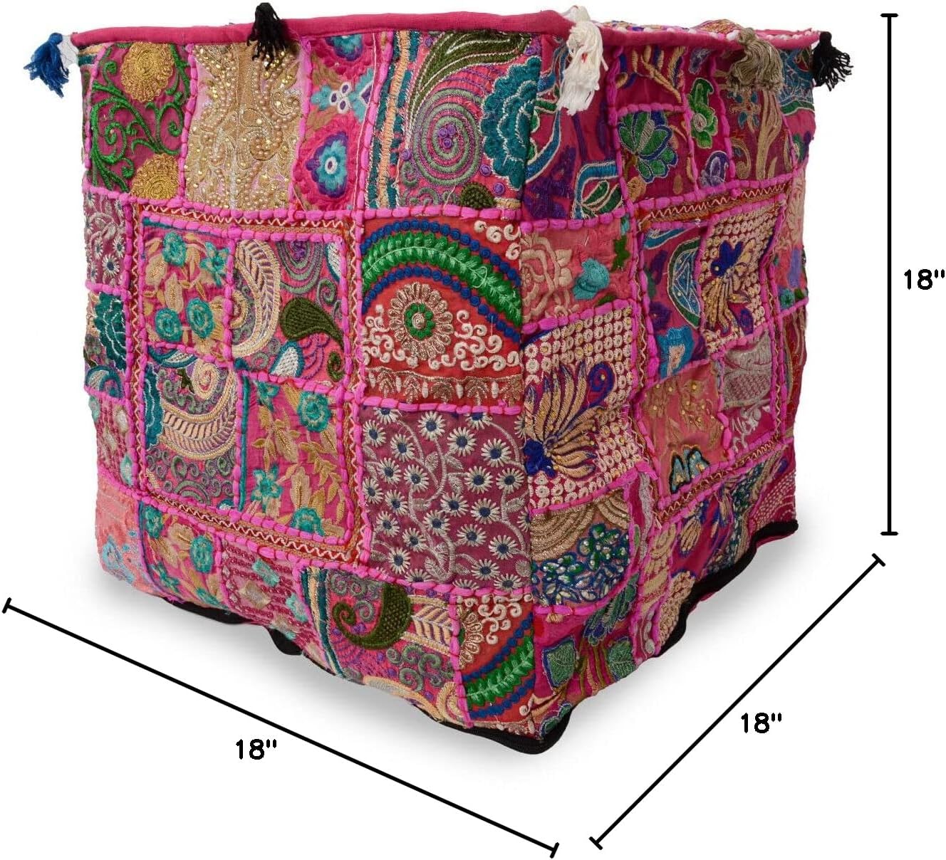 18" Indian Handmade Ethnic Cotton Embroidered Patchwork Square Pouf