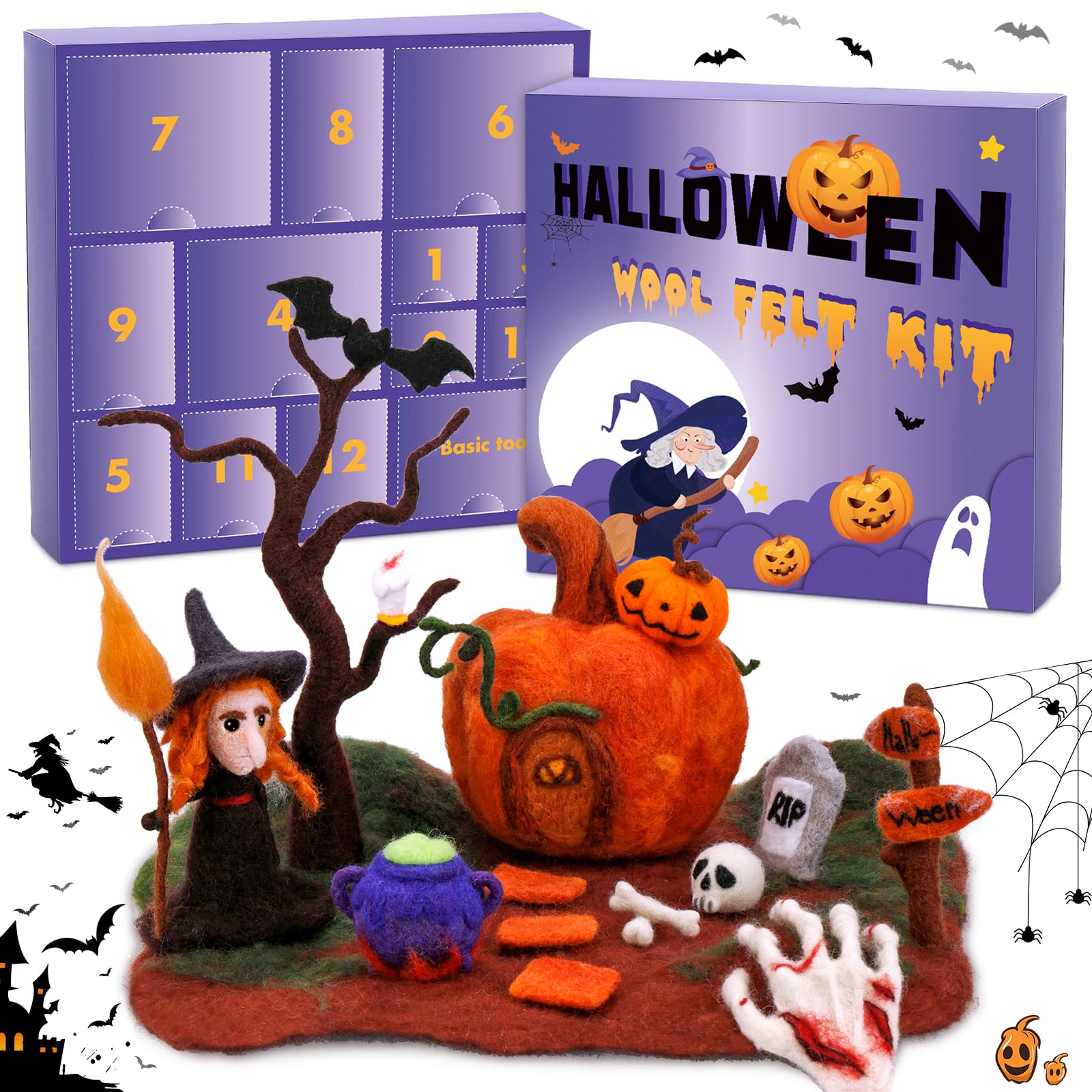 Axmru Needle Felting Kit, Wool Felting Kit with Witch Pumpkin Wool Roving Felt Needle Instructions for Halloween Decoration Collection Party