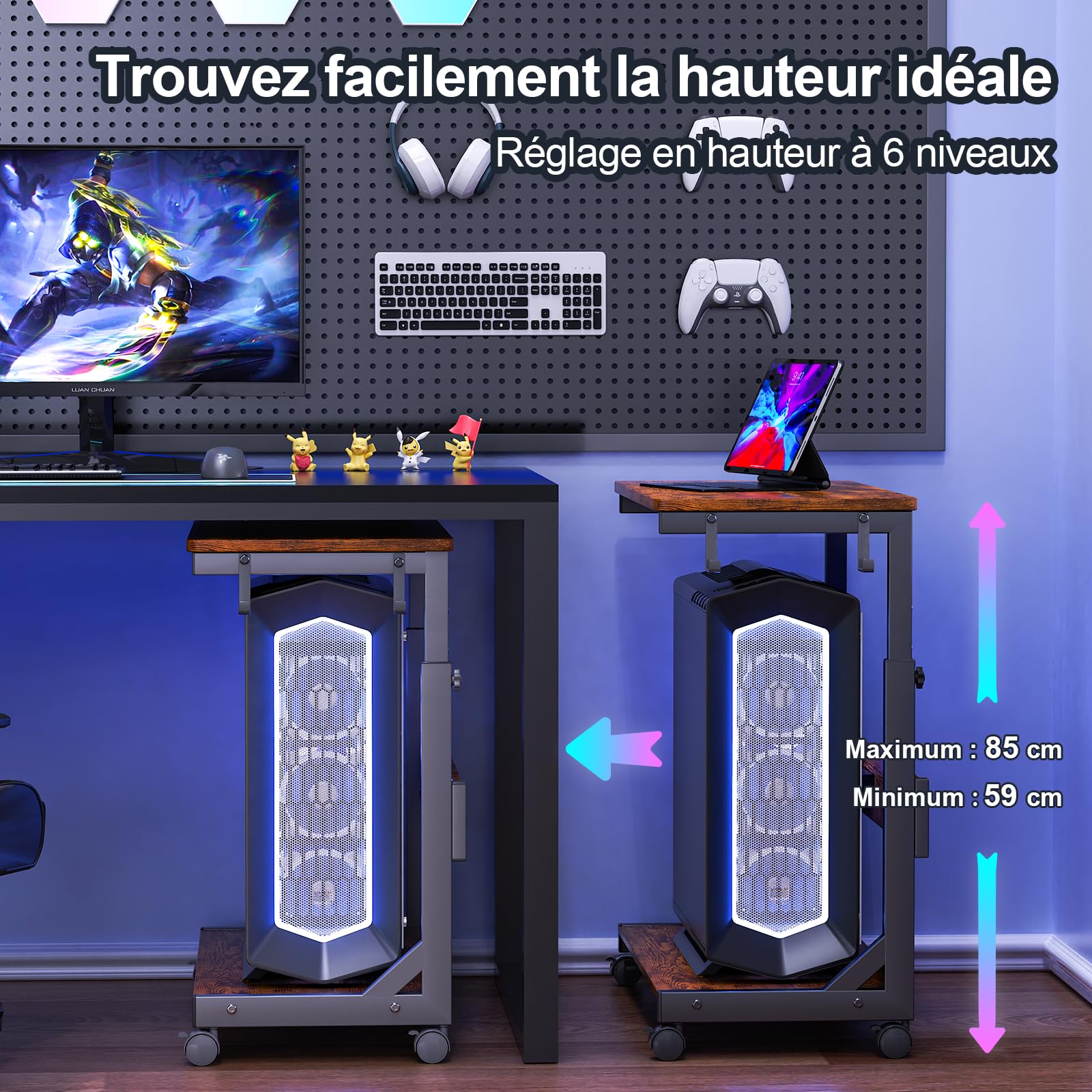 Tour d'ordinateur réglable en hauteur avec chariot ATX à 2 couches, support d'ordinateur sur pied, support d'imprimante avec espace de rangement, roues verrouillables, s'adapte à la plupart des