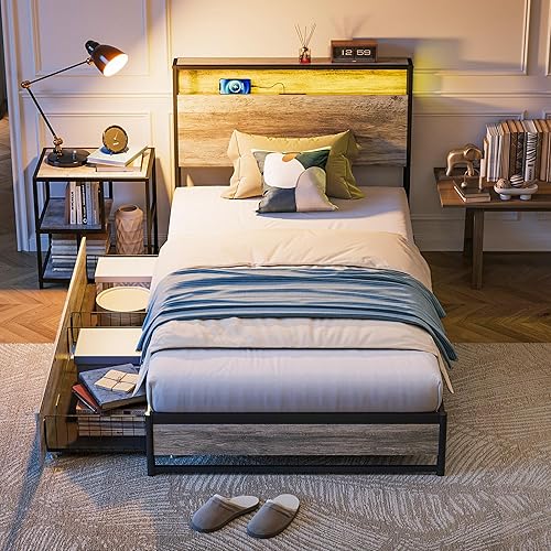 LINSY Twin Bed Frames with 2 Drawers & RGB Lights, Bed Frame with Ergonomic Headboard & Fast Charger, Kids Twin Size Bed Frame with Storage, No Box Spring Needed, Greige