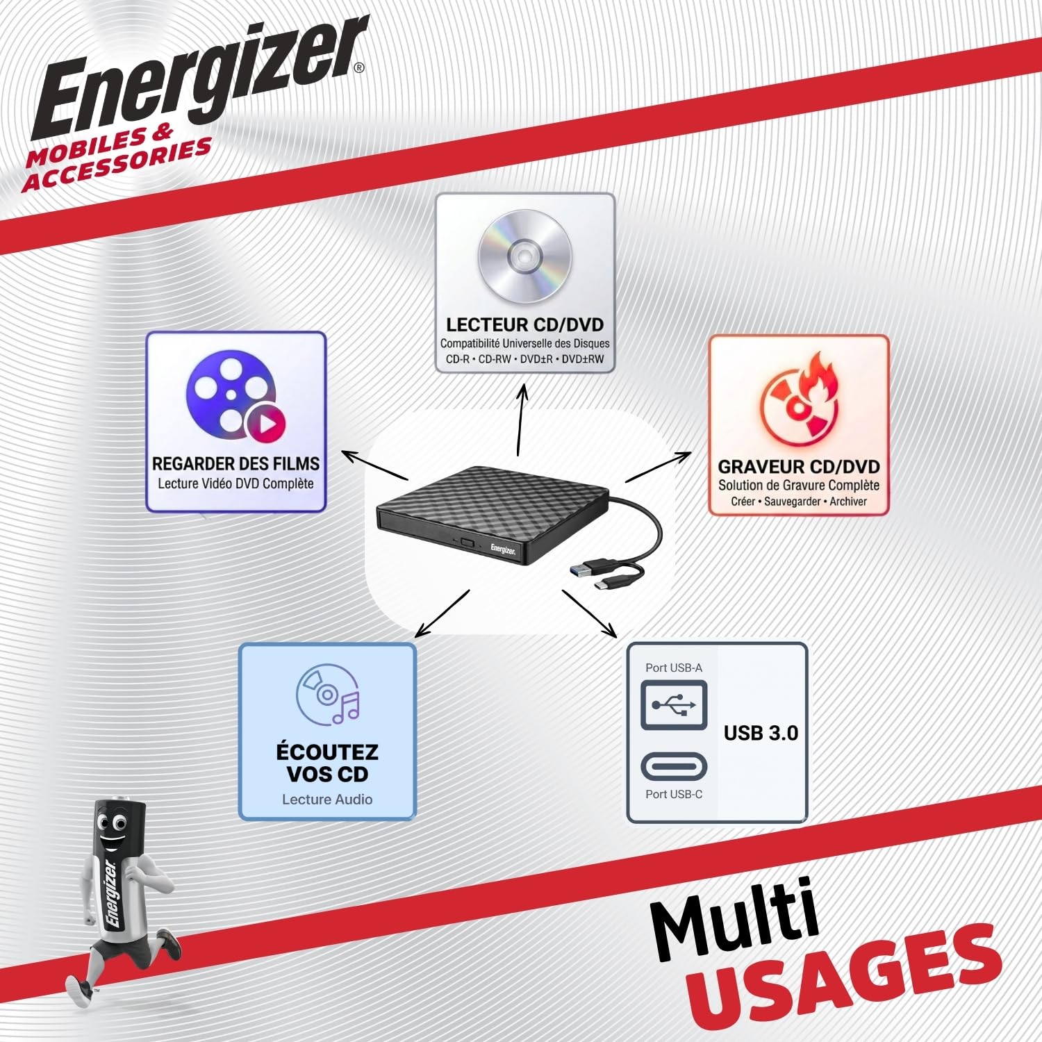 Energizer - Lecteur Graveur DVD Externe USB 3.0 & Type-C - Haute Vitesse 5Gbps - Plug & Play pour PC, MacBook & Windows - Compatible CD-RW, DVD±RW - Design Fin & Noir