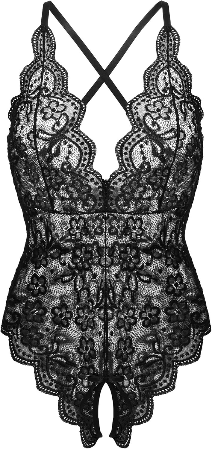 Donnalla Women's One Piece Teddy Plunging Lace Bodysuit Elegant Honeymoon Lingerie