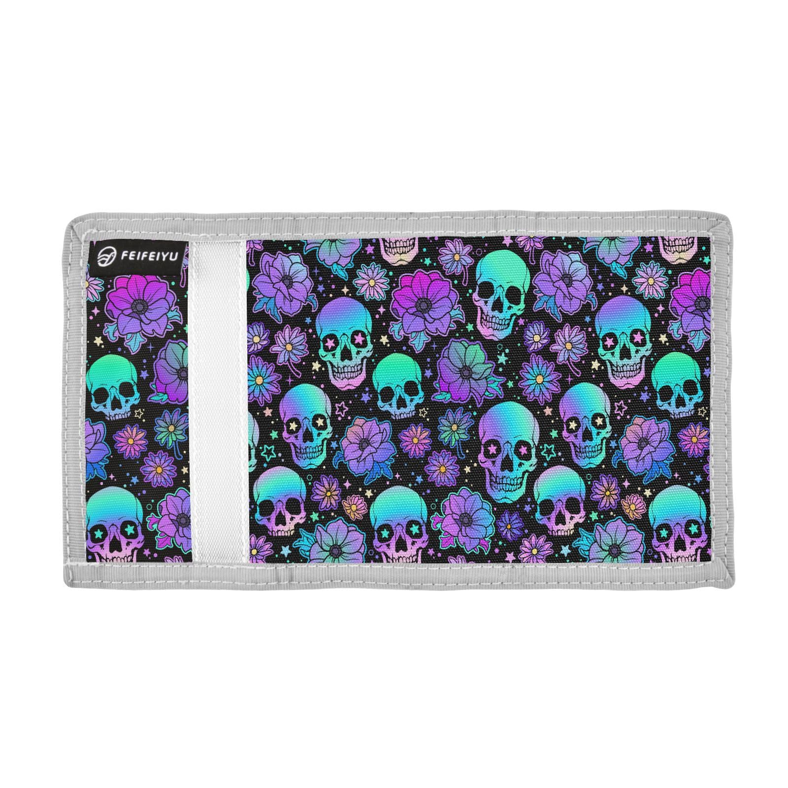 JHKKU Skull Flowers Kids Wallet for Boys Girls, Teen Canvas Trifold Purse with Zipper Coin Pocket