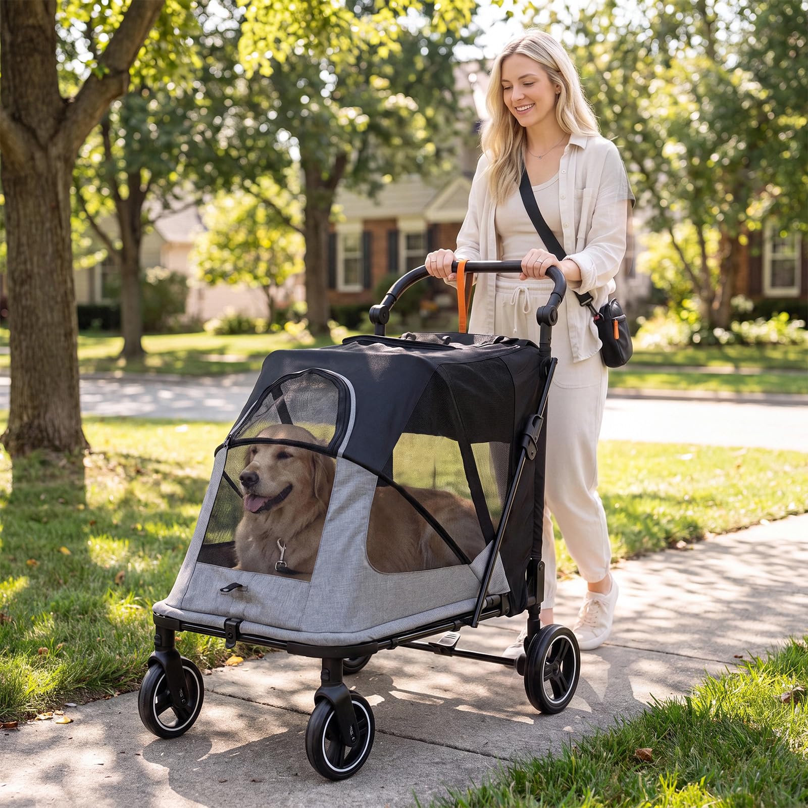 MAMIZO Passeggino per Cani Pieghevole, Carrello per cani gatti fino a 30kg | Passeggino con 2 ingressi, Finestre a rete, Lucernario, tasca posteriore, Manico regolabile,4 PCS ruote, cani media e grande