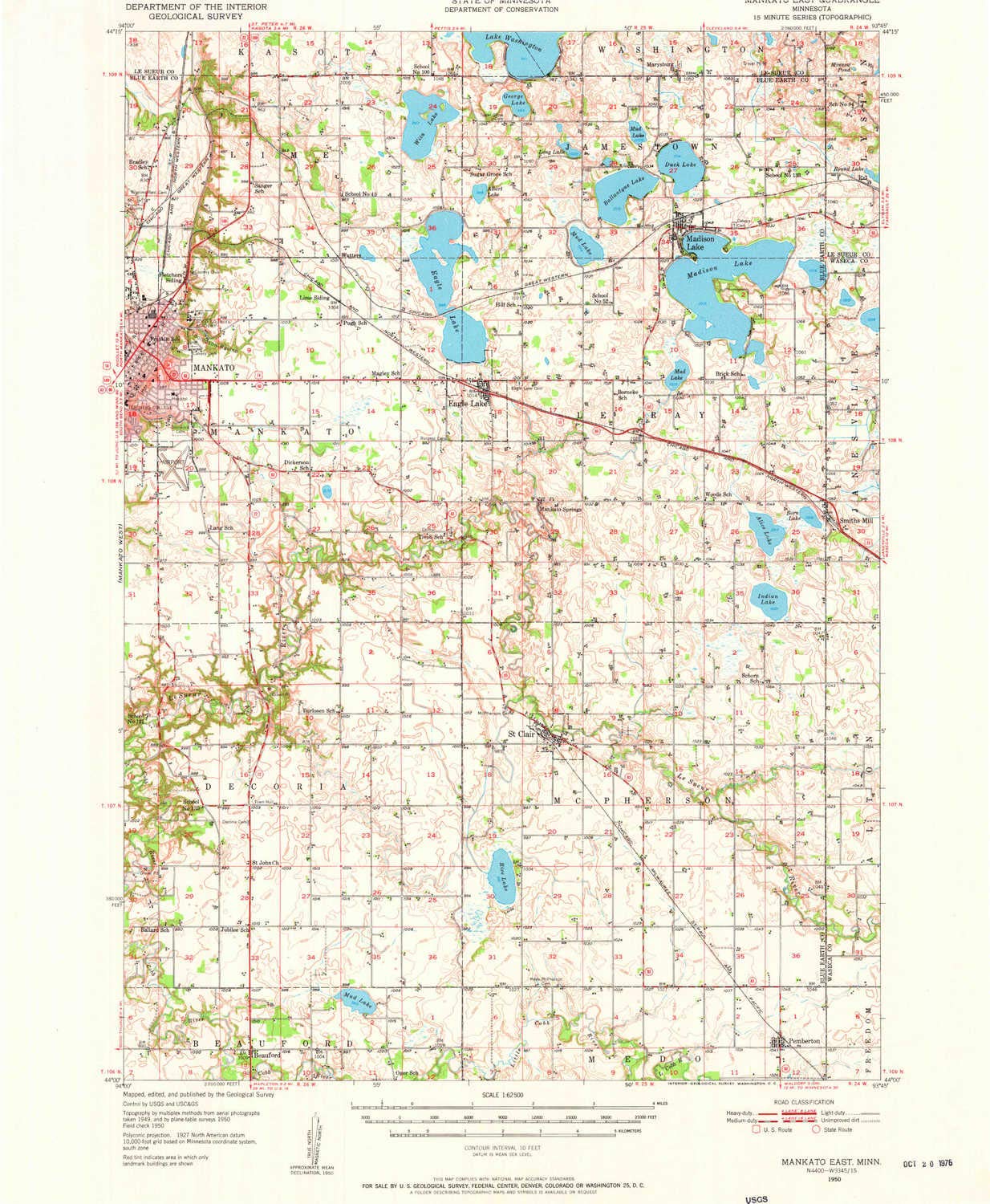 YellowMaps Mankato East MN topo map, 1:62500 Scale, 15 X 15 Minute, Historical, 1950, 20.1 x 16.5 in - Polypropylene