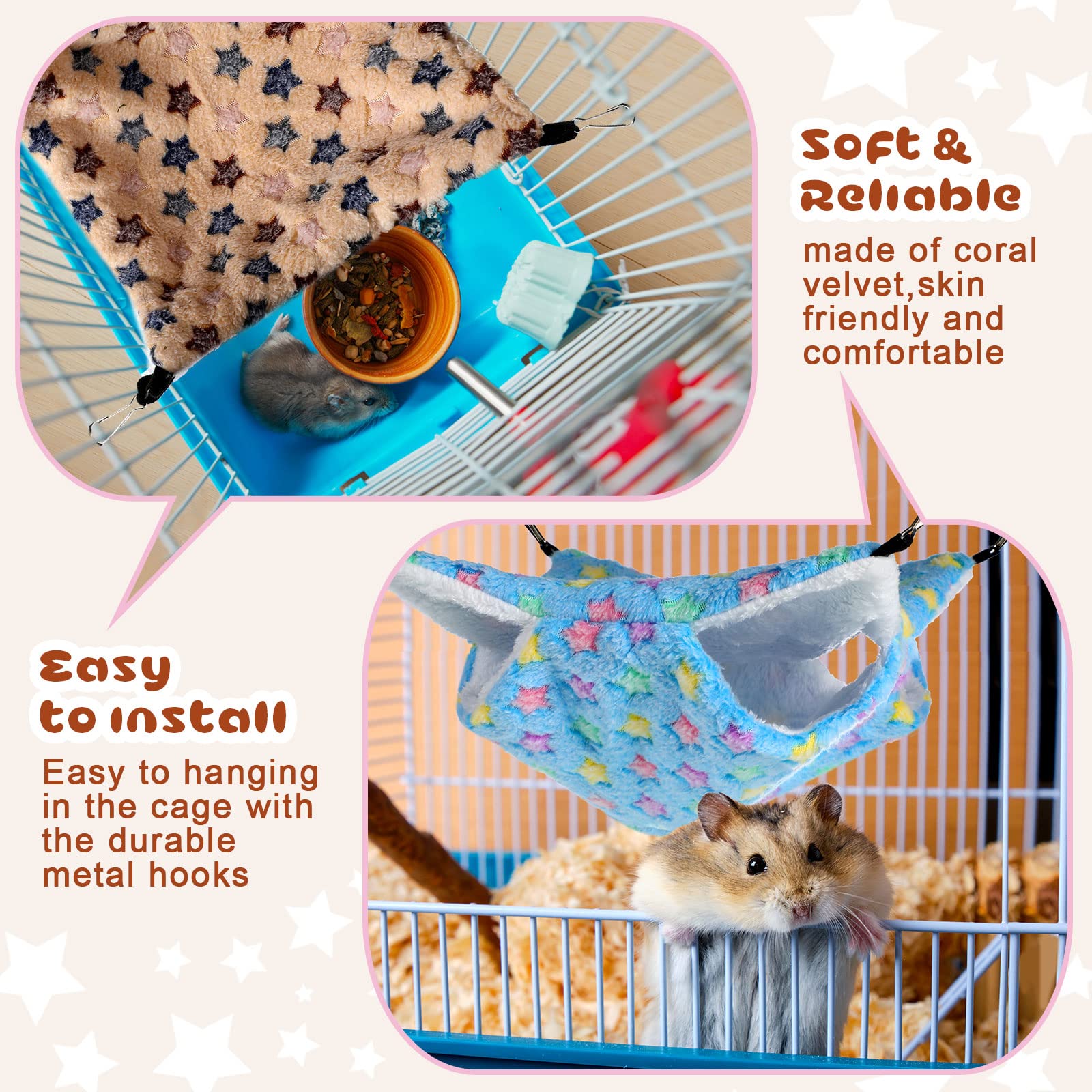 4 Hamacs pour Petits Animaux Hamacs Suspendus pour Cochons d'Inde Lits à Suspendre pour Furet Cachettes de Couchage pour Rat Accessoires de Cage en Polaire pour Hamster (Étoile)