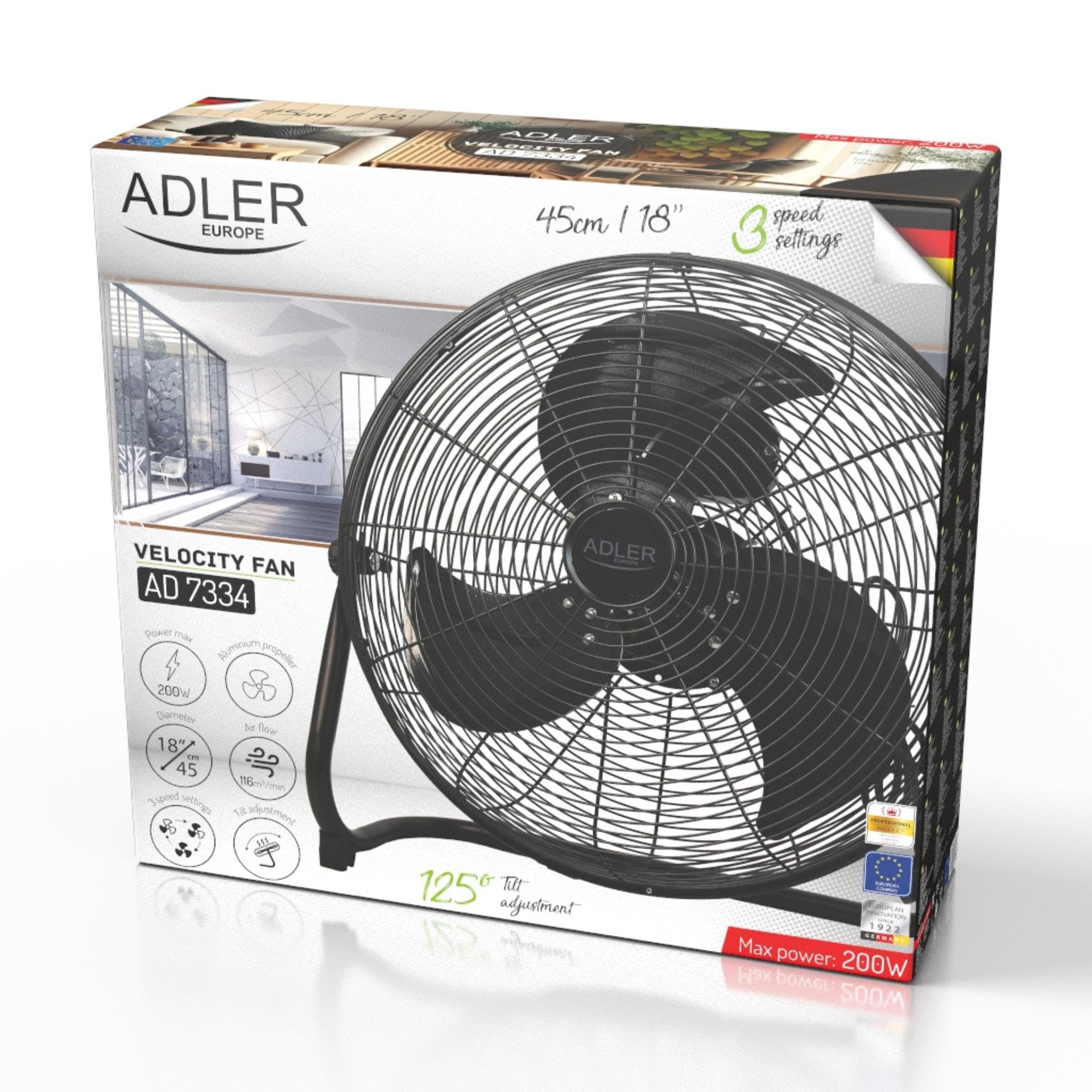 Adlereurope Bodenventilator 45 cm und 200W - Ventilator in Chrom 3 Geschwindigkeiten – windmaschine mit Aluminiumflügel - Leise und Stabil – Boden Ventilator Schwarz