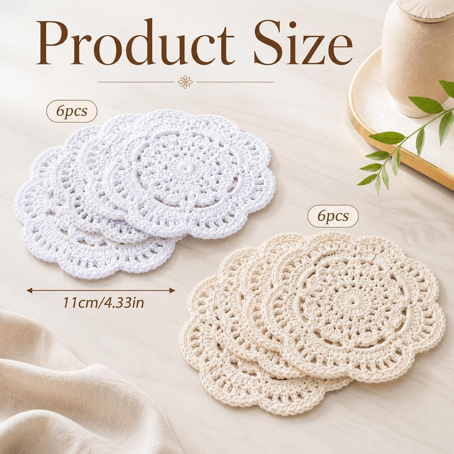Crochet Doilies 12 Pcs Round Handmade, 4 Inch Cotton Lace Coasters